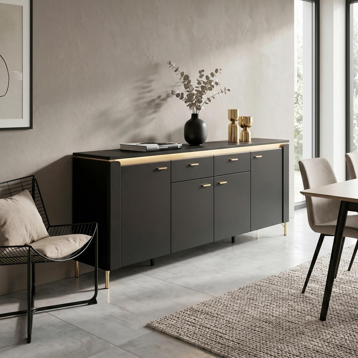 Kommode Norica Goldfarben/Schwarz B: 200,3 cm - Goldfarben/Schwarz, Trend, Holzwerkstoff (200,3/87,3/40cm)