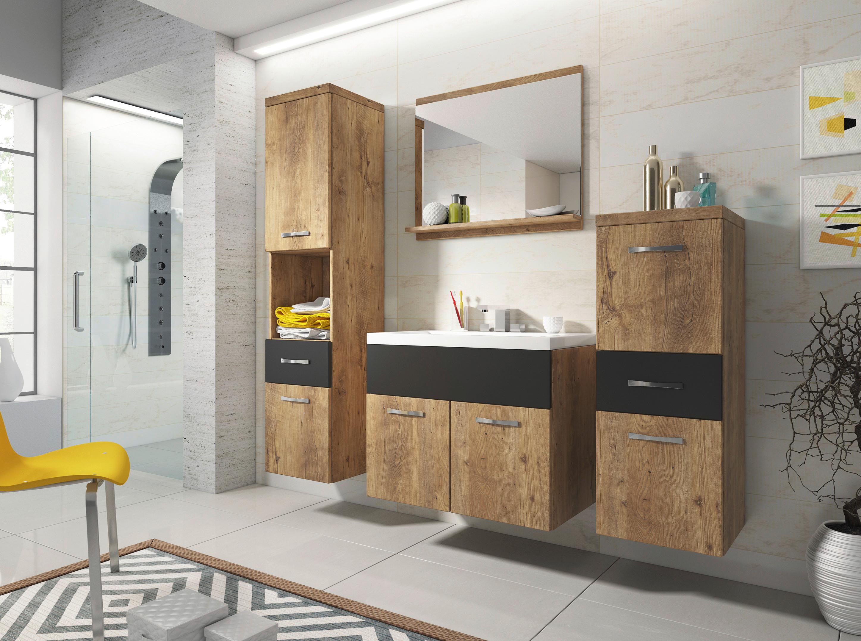 Kúpeľňa 5-dielna, Dekor Dub Kastania/grafit - farby jelše/biela, Štýlový, kov/kompozitné drevo (160cm) - P & B