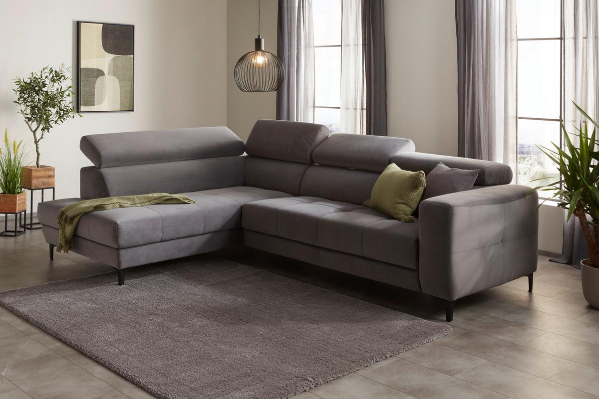 Rohová sedačka EMMA, ľavá, sivá,nast.op.hl,USB,el.výsuv - čierna/sivá, Modern, textil (210/301cm) - Premium Living