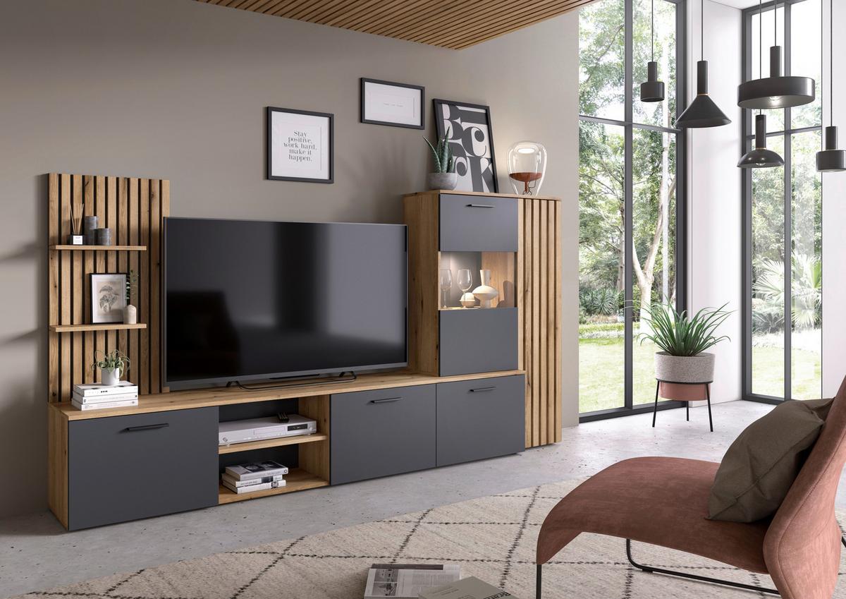 Obývačková stena Mailand š: 250cm - čierna/farba duba, Modern, kompozitné drevo/plast (250/135/38cm) - Mömax