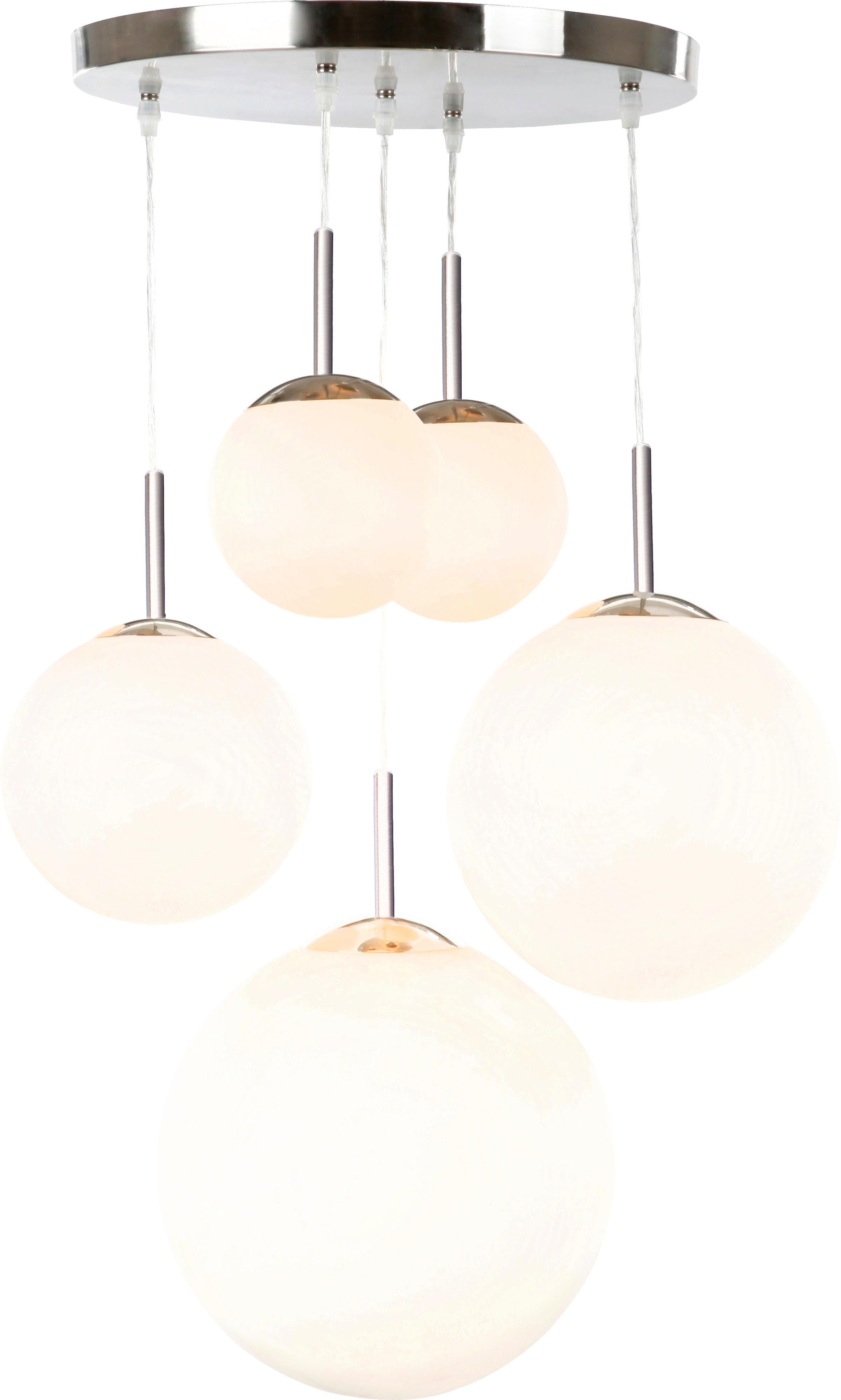 Hängeleuchte Balla H: 90 Cm 5-Flammig, Mit Opalglas-Kugeln - Opal/Nickelfarben, Basics, Glas/Metall (50/90cm) - Globo