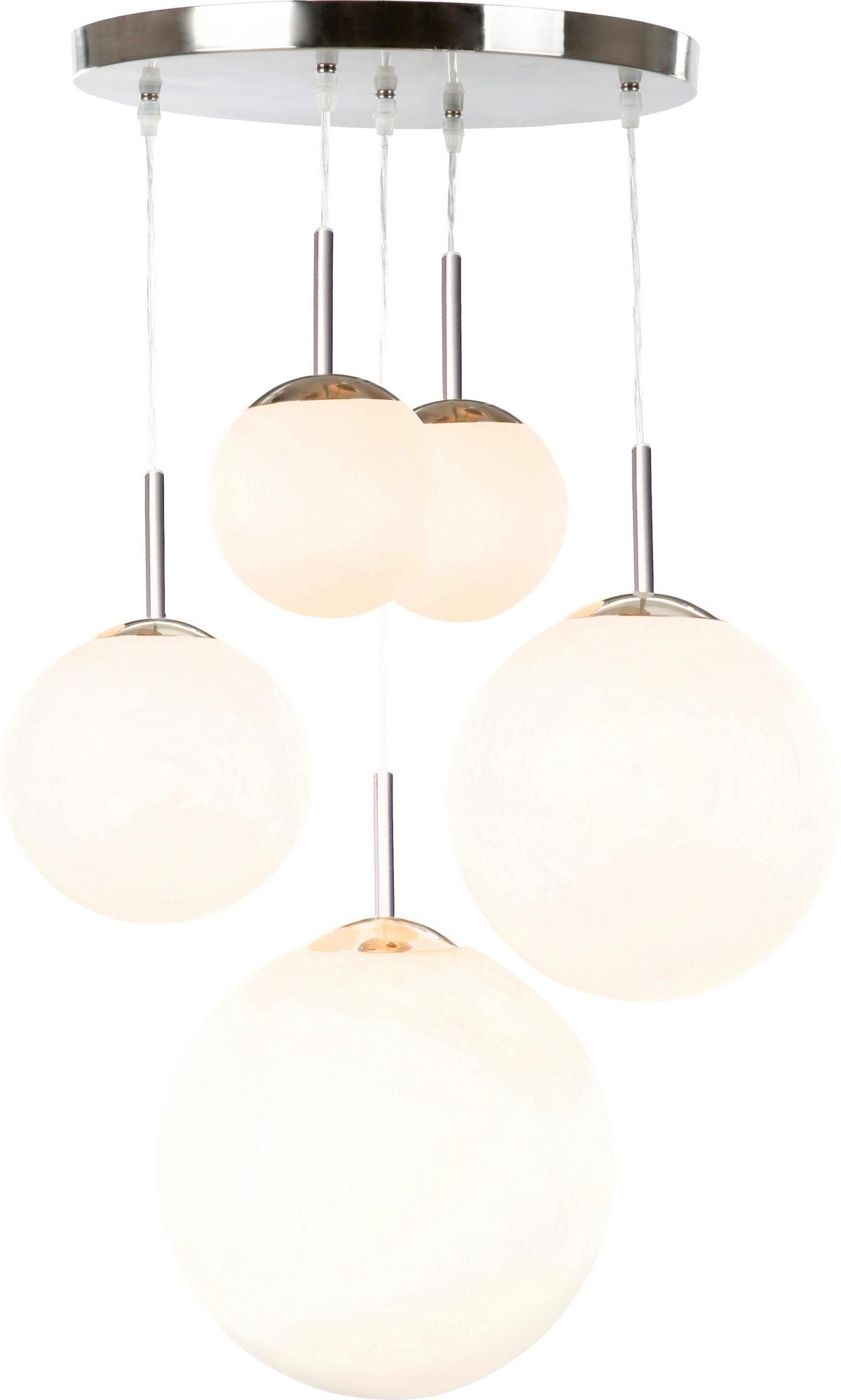 Hängeleuchte Balla H: 90 Cm 5-Flammig, Mit Opalglas-Kugeln - Opal/Nickelfarben, Basics, Glas/Metall (50/90cm) - Globo