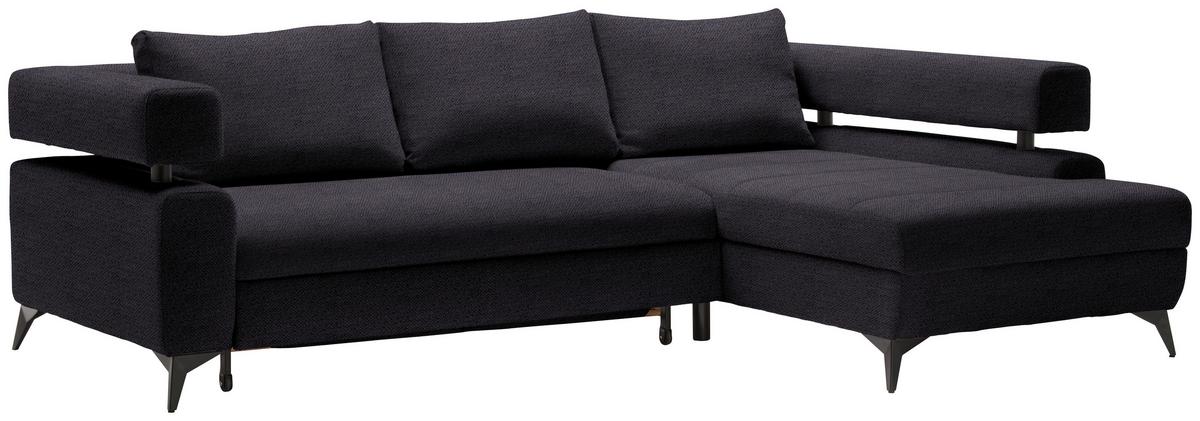 Rohová sedačka ROSALIE, pravá s úložným prostorem a lůžkem - černá, Konvenční, kov/textil (265/184cm)