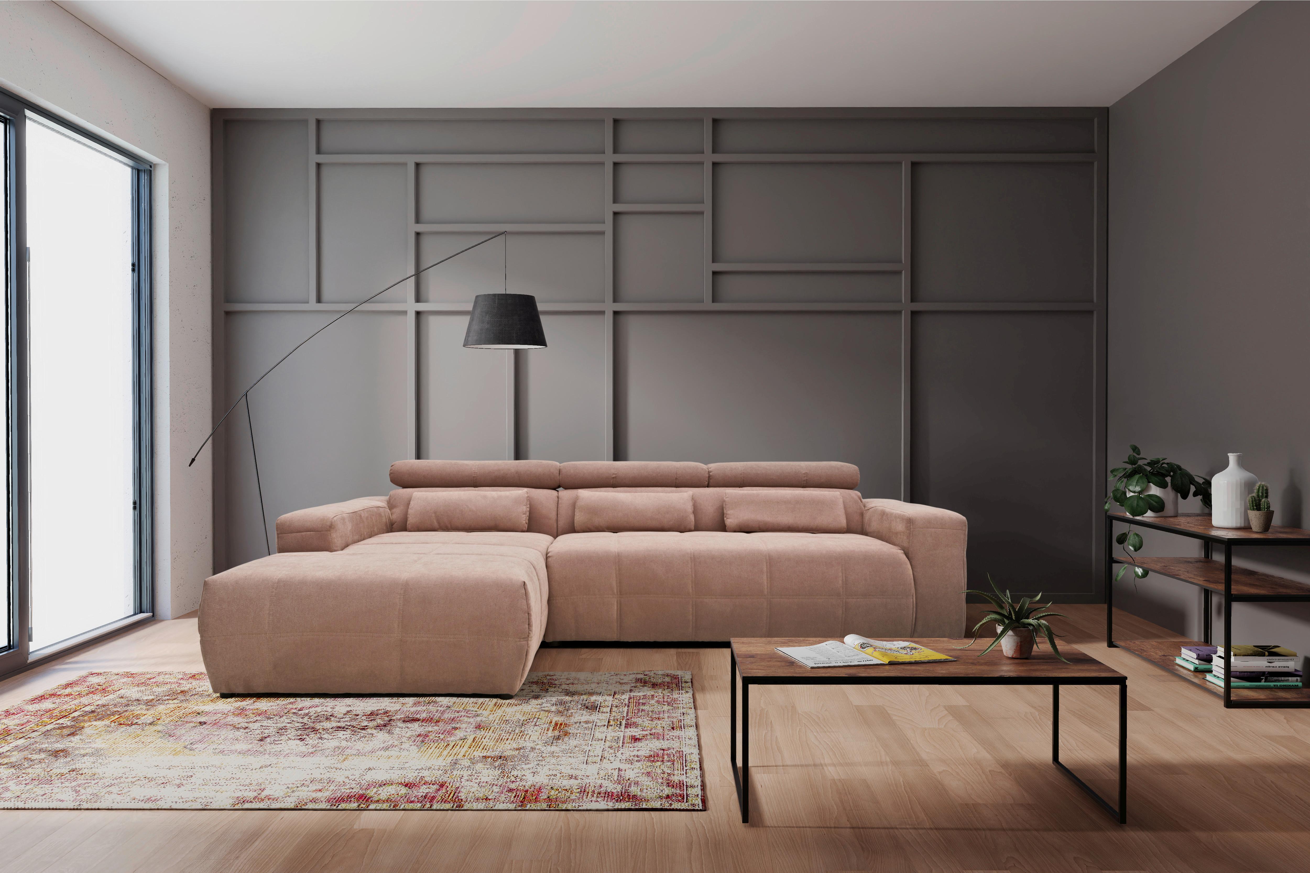 Ecksofa + Kopfteilverstellung Brandon Pink Mikrofaser - Schwarz/Rosa, Design, Textil (175/285cm) - MID.YOU