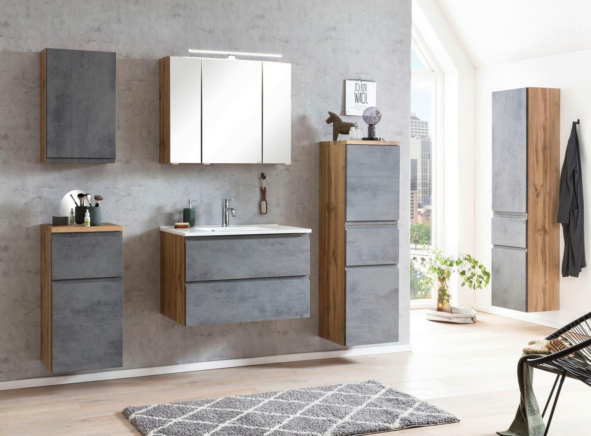 Waschbecken mit Unterschrank Varese B: 80 cm Grau/Eiche - Eiche Wotan/Graphitfarben, MODERN, Holzwerkstoff/Stein (80cm) - Held