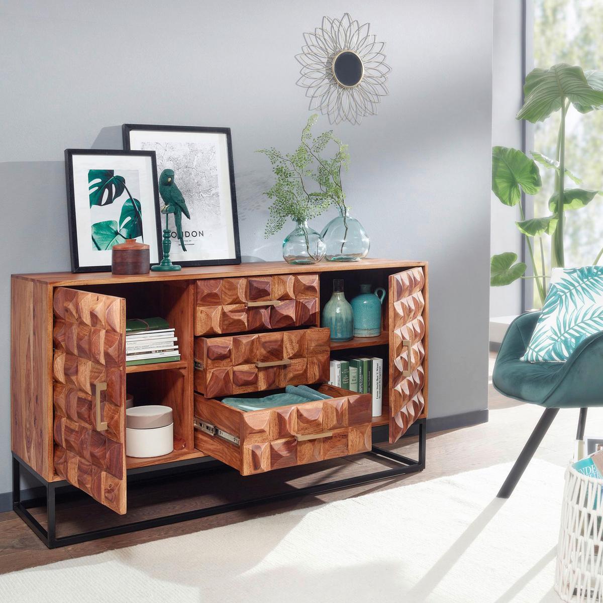 Sideboard Sheesham Sheeshamfarben B: 145 Cm - Sheeshamfarben/Schwarz, Design, Holz (145/81/45cm) - MID.YOU