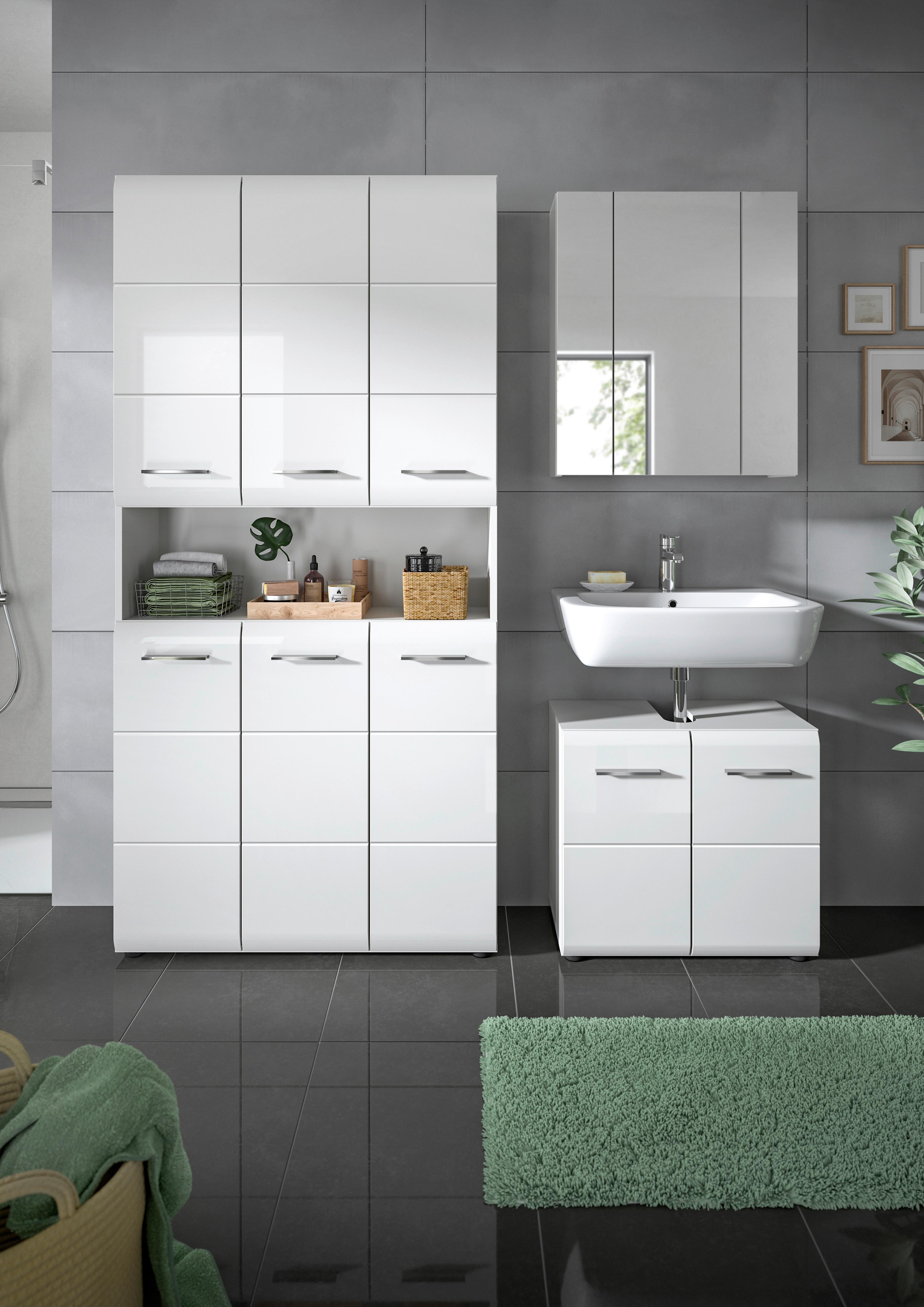 Badezimmer Ice Weiß/Weiß Hg B: 150 cm - Weiß Hochglanz/Schwarz, MODERN, Holzwerkstoff (150/185/30cm) - MID.YOU