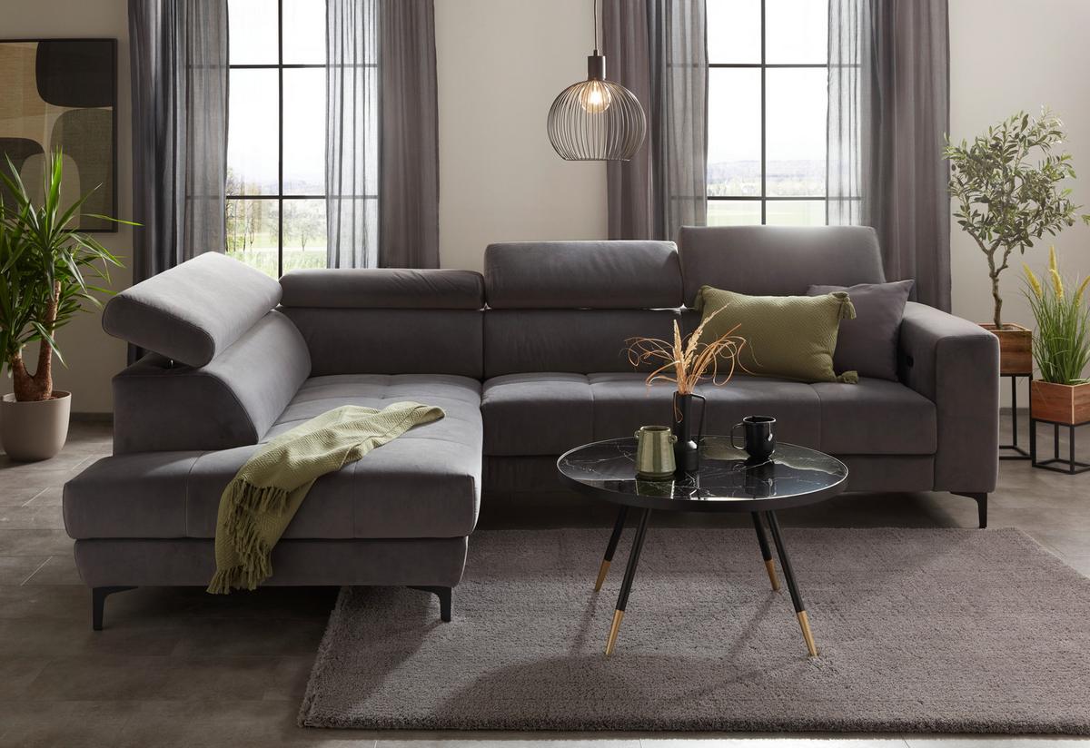 Rohová sedačka EMMA, ľavá, sivá,nast.op.hl,USB,el.výsuv - čierna/sivá, Modern, textil (210/301cm) - Premium Living