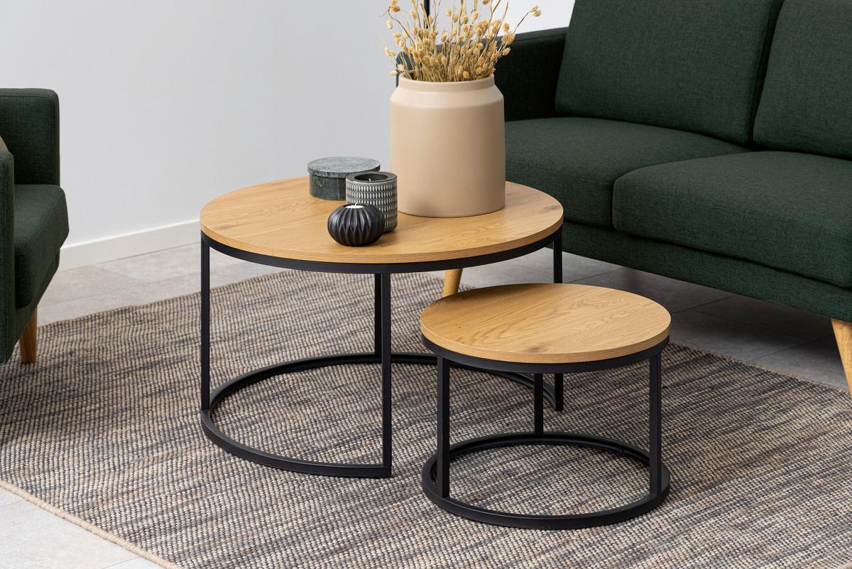 Sada kulatých konferenčních stolků SPIRO Ø 50/80 cm - divoký dub/černá, Konvenční, kov/kompozitní dřevo (80/80/44,5cm) - home24