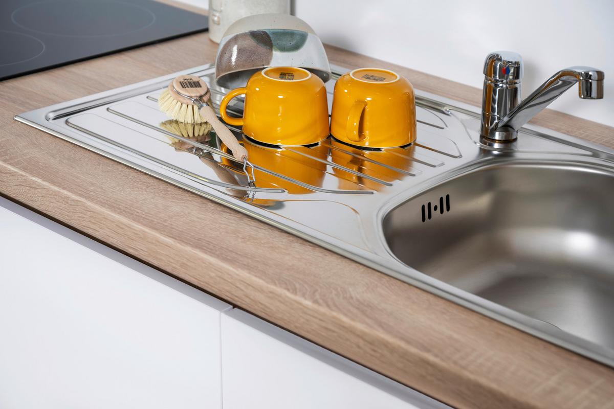 Küchenzeile Premium mit Geräten 395 cm Weiß/Eiche Dekor - Eichefarben/Weiß Hochglanz, Basics, Holzwerkstoff (395cm) - Respekta