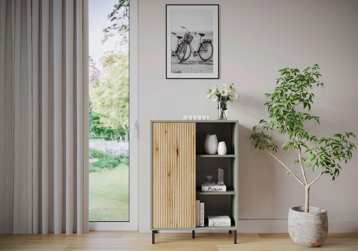 Komód Pozzi - tölgyfa színű/szürkészöld, Trend, faalapú anyag (75/105,2/40cm)