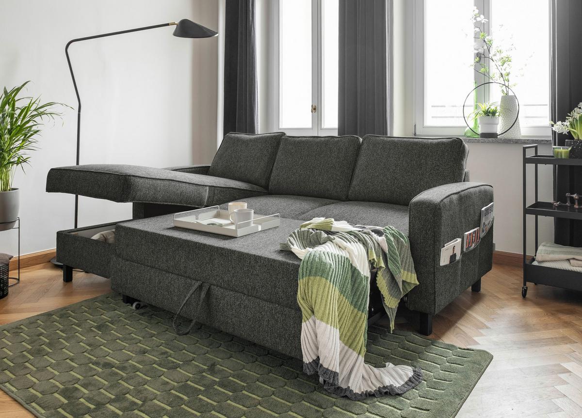 Sedačka MELANIE S, ľavá, tmavosivá, úl.priestor a lôžko - čierna/tmavosivá, drevo/textil (148/228cm) - MID.YOU