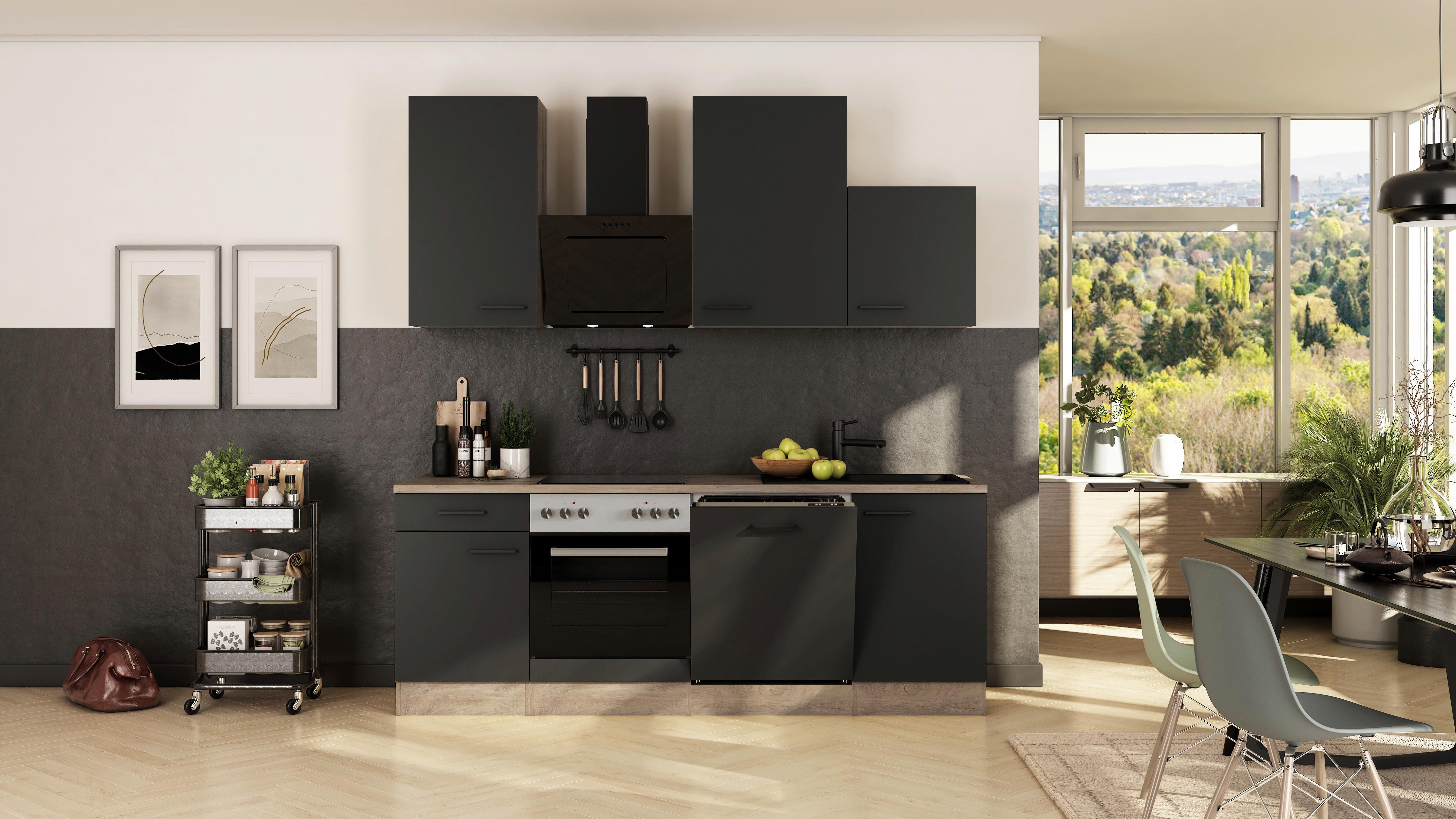 Küchenblock Capri Eiche/Schwarz B: 220 cm - Eichefarben/Schwarz, Basics, Holzwerkstoff (220cm) - FlexWell