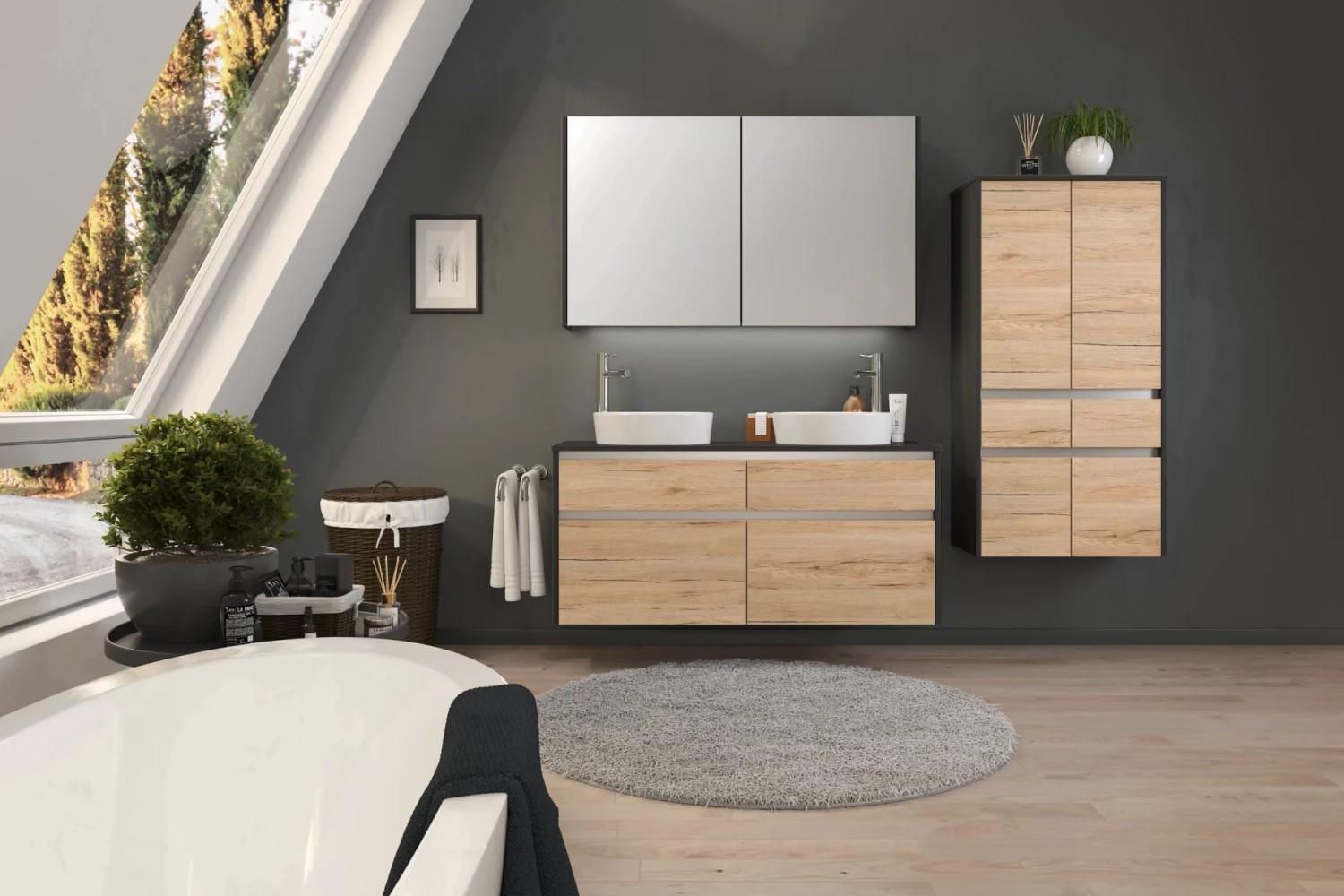 Badezimmer RIGA in San Remo Eiche & Grau Detail Schrank