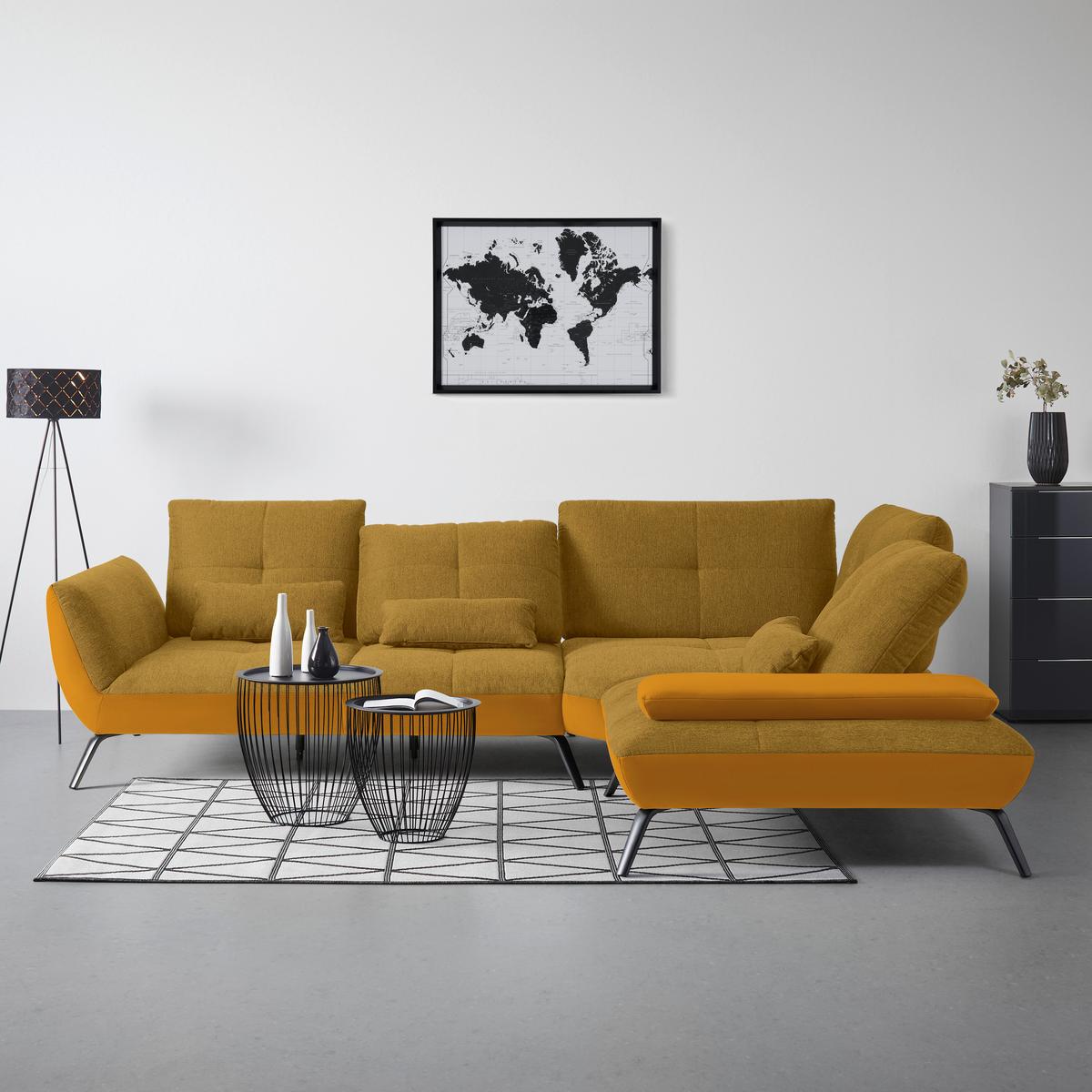 Rohová sedačka TRENDY, pravá, zlatá / hořčicově žlutá - černá/barvy zlata, Moderní, kov/kompozitní dřevo (310/93/250cm) - Premium Living