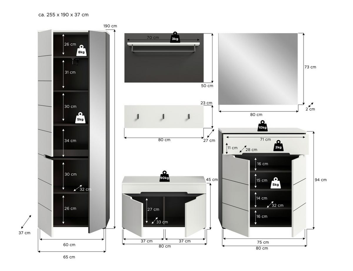 Garderobe Canu 5-Teilig Grau/Weiß B: 265 cm - Weiß/Grau, Design, Holzwerkstoff (265/190/37cm) - Livetastic