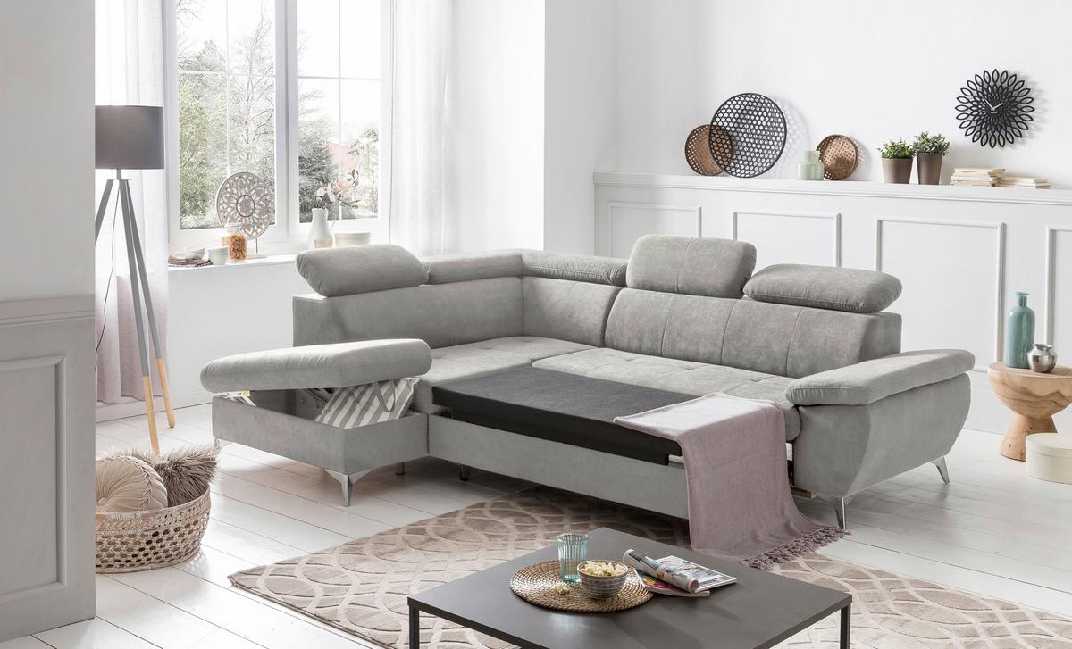 Ecksofa mit Schlaffunktion und Bettkasten Gisele Grau - Chromfarben/Grau, KONVENTIONELL, Textil (209/256cm) - Livetastic