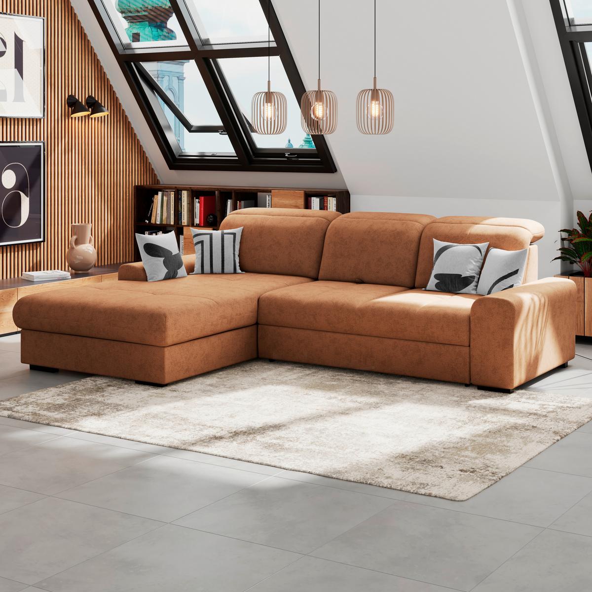 Ecksofa mit Bettfunktion Malaga New Chenille Terracotta - Terracotta/Schwarz, KONVENTIONELL, Textil (203/286cm) - Ondega
