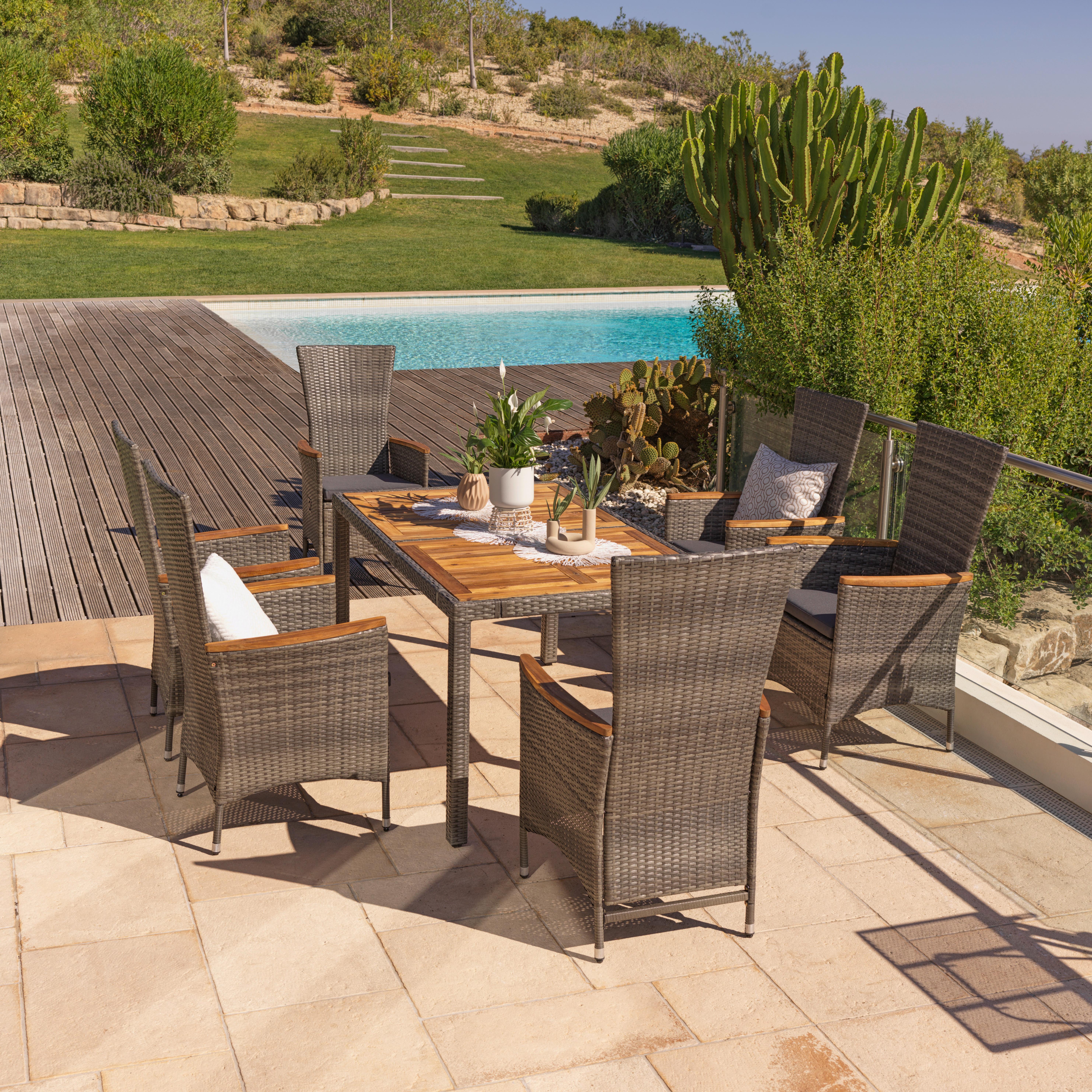 Gartengarnitur Korfu 7-Teilig Aus Poly-Rattan mit Kissen - Grau, MODERN, Holz/Kunststoff (150/90/75cm) - Luca Bessoni