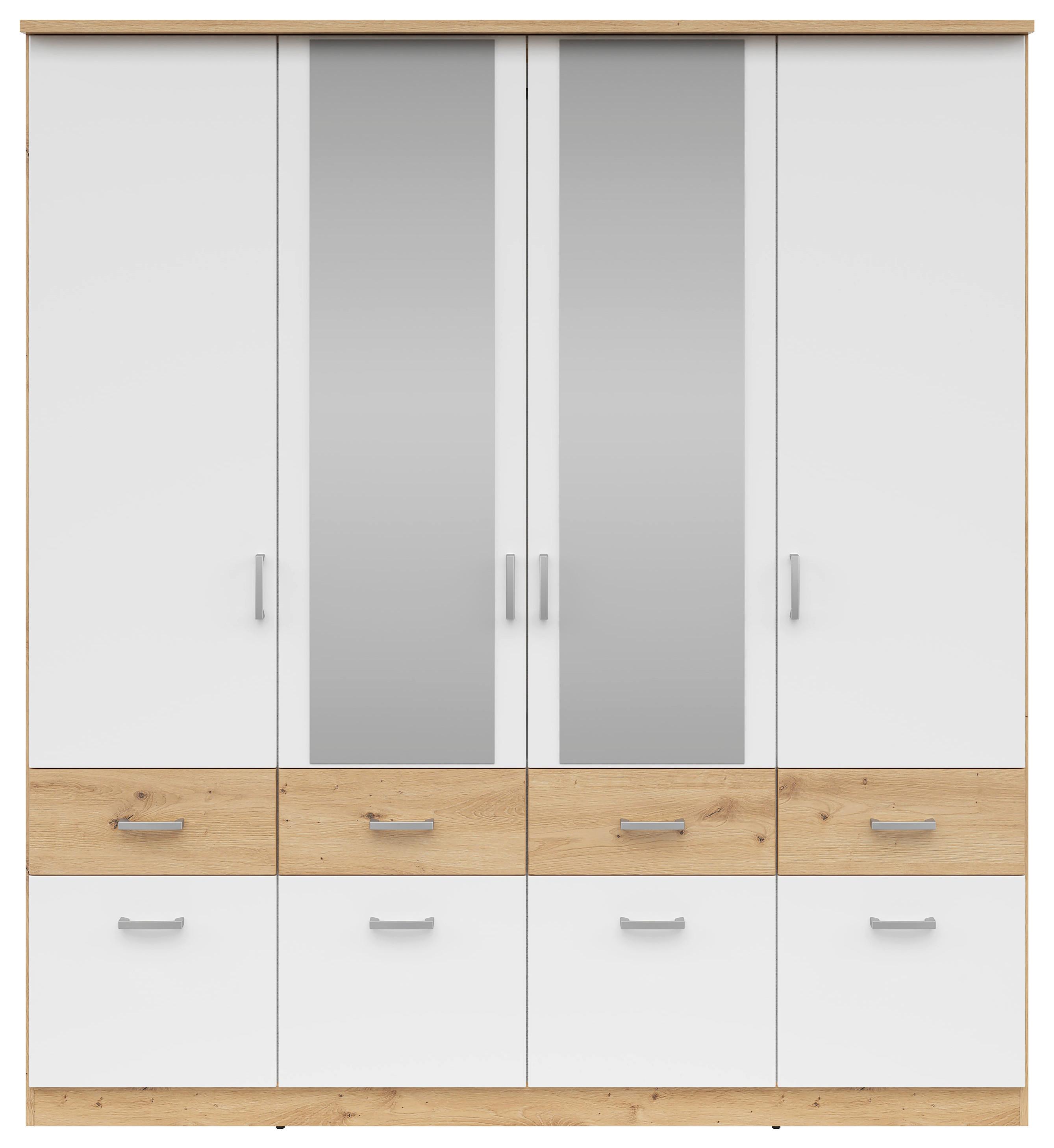 Moderner Drehtürenschrank in Weiß und eichefarben mit 2 Spiegelflächen