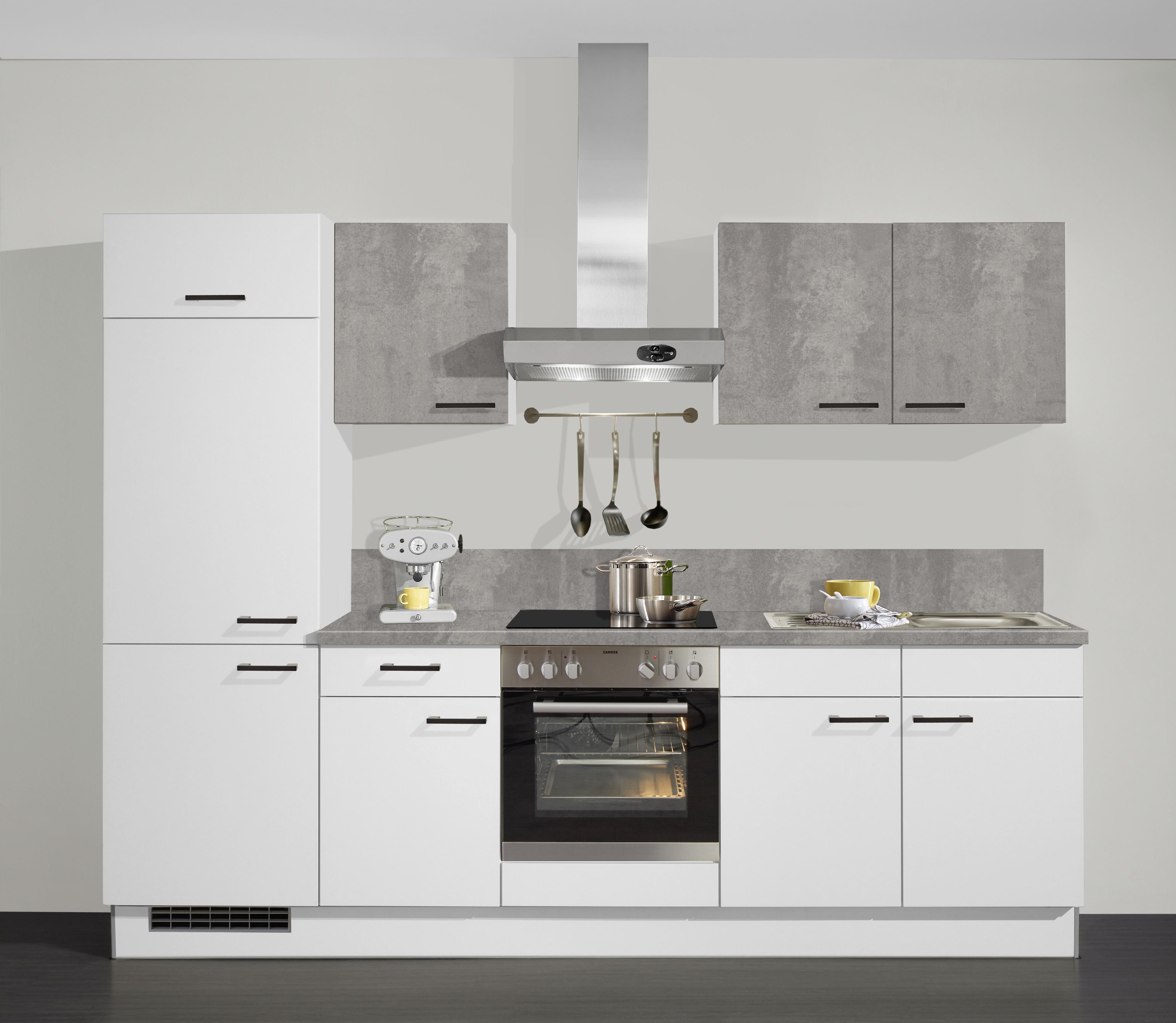 Küchenzeile Pn 80/Pn 100 Mit Geräten 270 cm Weiß/Betonoptik - Weiß, MODERN, Holzwerkstoff/Kunststoff (270cm) - Pino