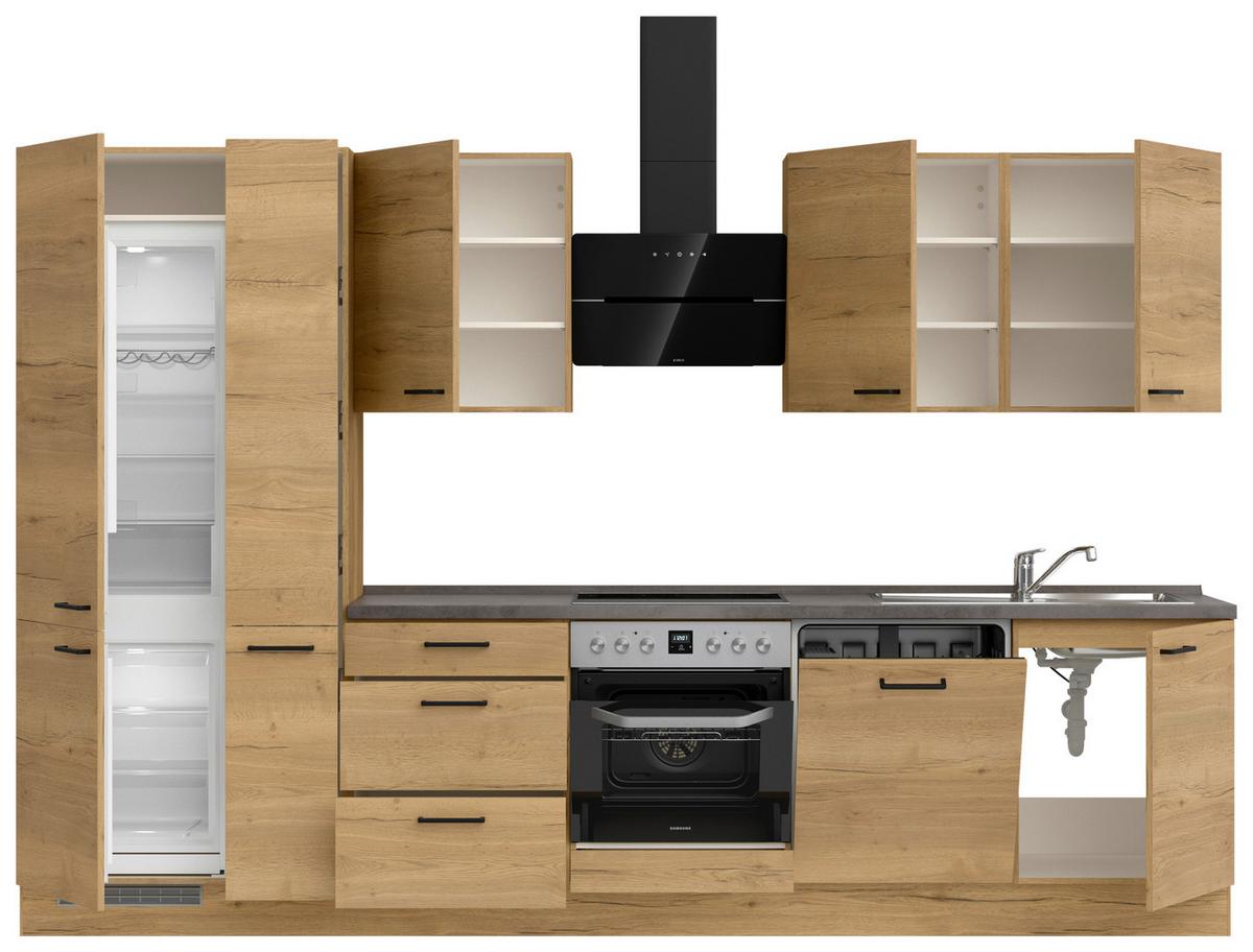 Kuchynská linka 330 cm, dub Sierra - čierna/farba duba, Modern, kov/kompozitné drevo (330cm) - Nobilia