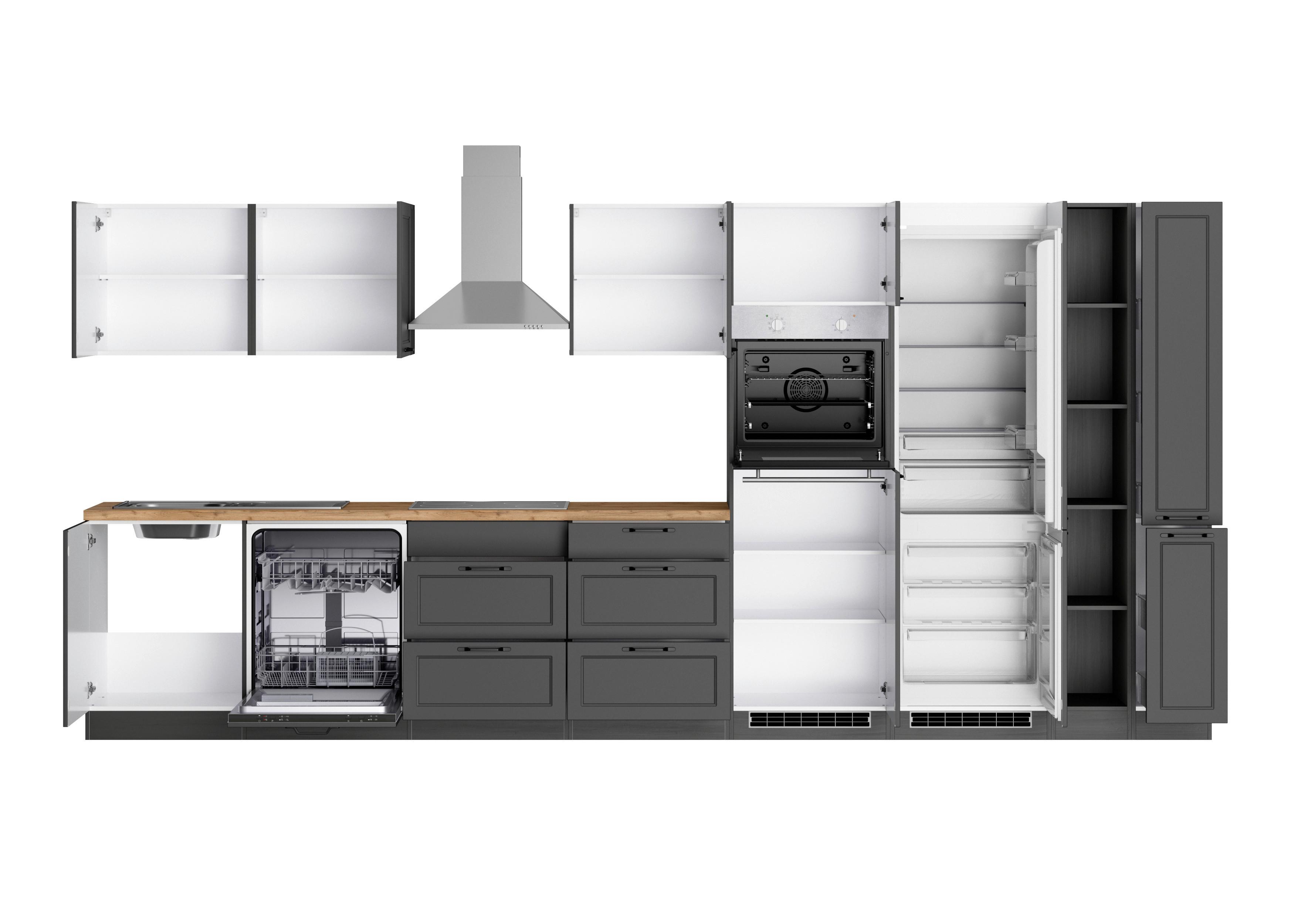 Küchenzeile Meran mit Geräten B: 420 cm Grau/Eiche Dekor - Eiche Wotan/Grau, LIFESTYLE, Holzwerkstoff (420cm) - Held