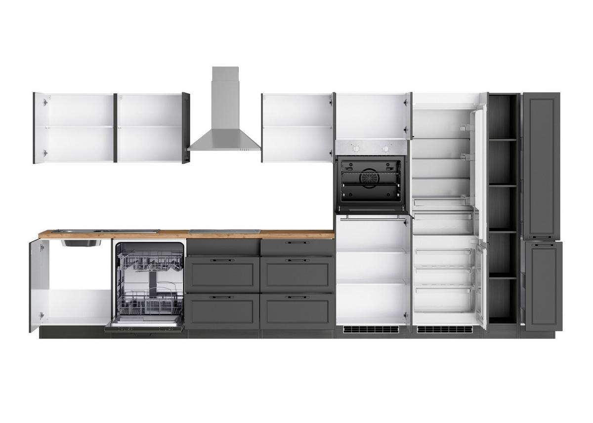 Küchenzeile Meran mit Geräten B: 420 cm Grau/Eiche Dekor - Eiche Wotan/Grau, LIFESTYLE, Holzwerkstoff (420cm) - Held