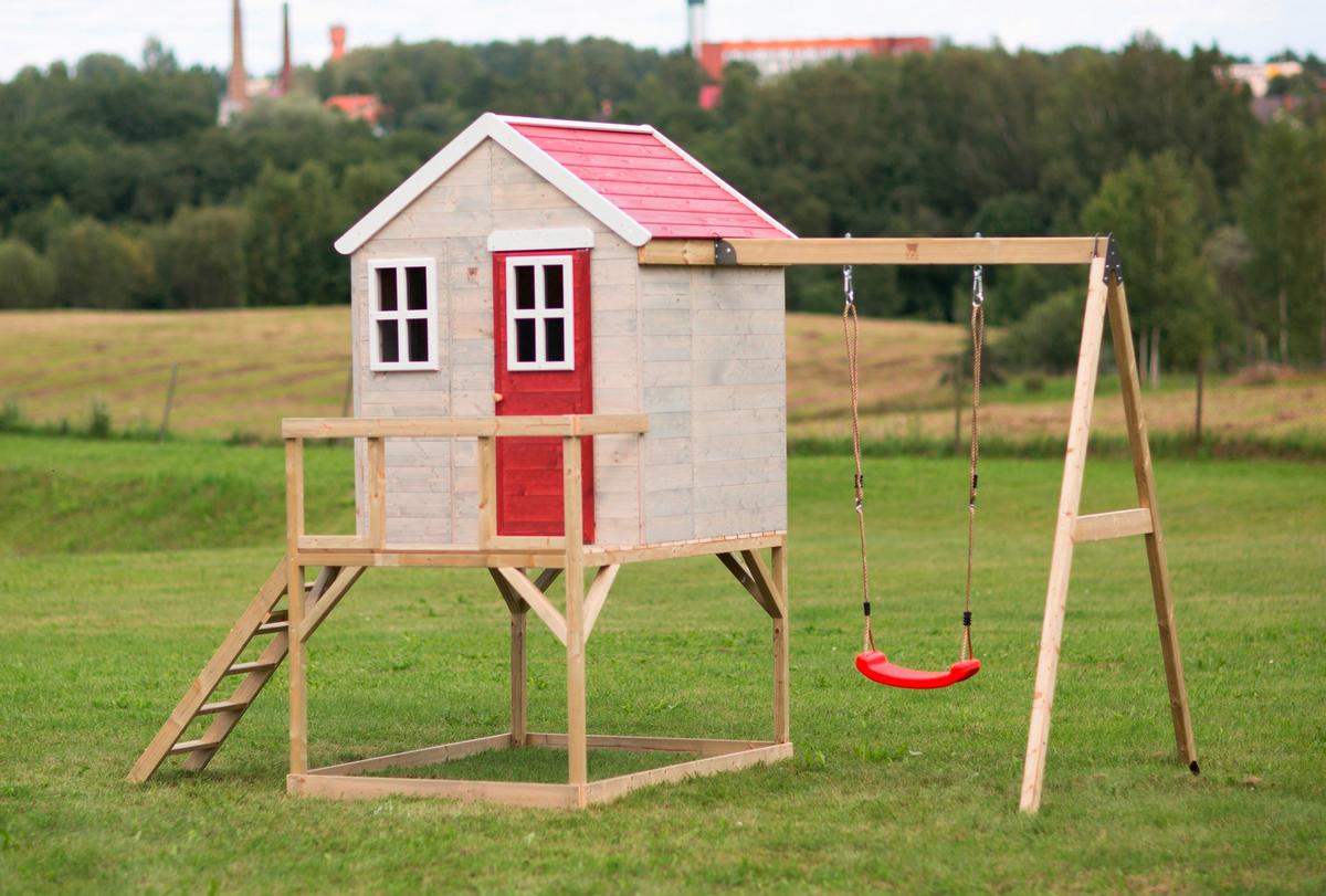 Spielhaus Zebra Naturfarben/rot, B: 350 Cm - Rot/Naturfarben, KONVENTIONELL, Holz (350/242/192cm)