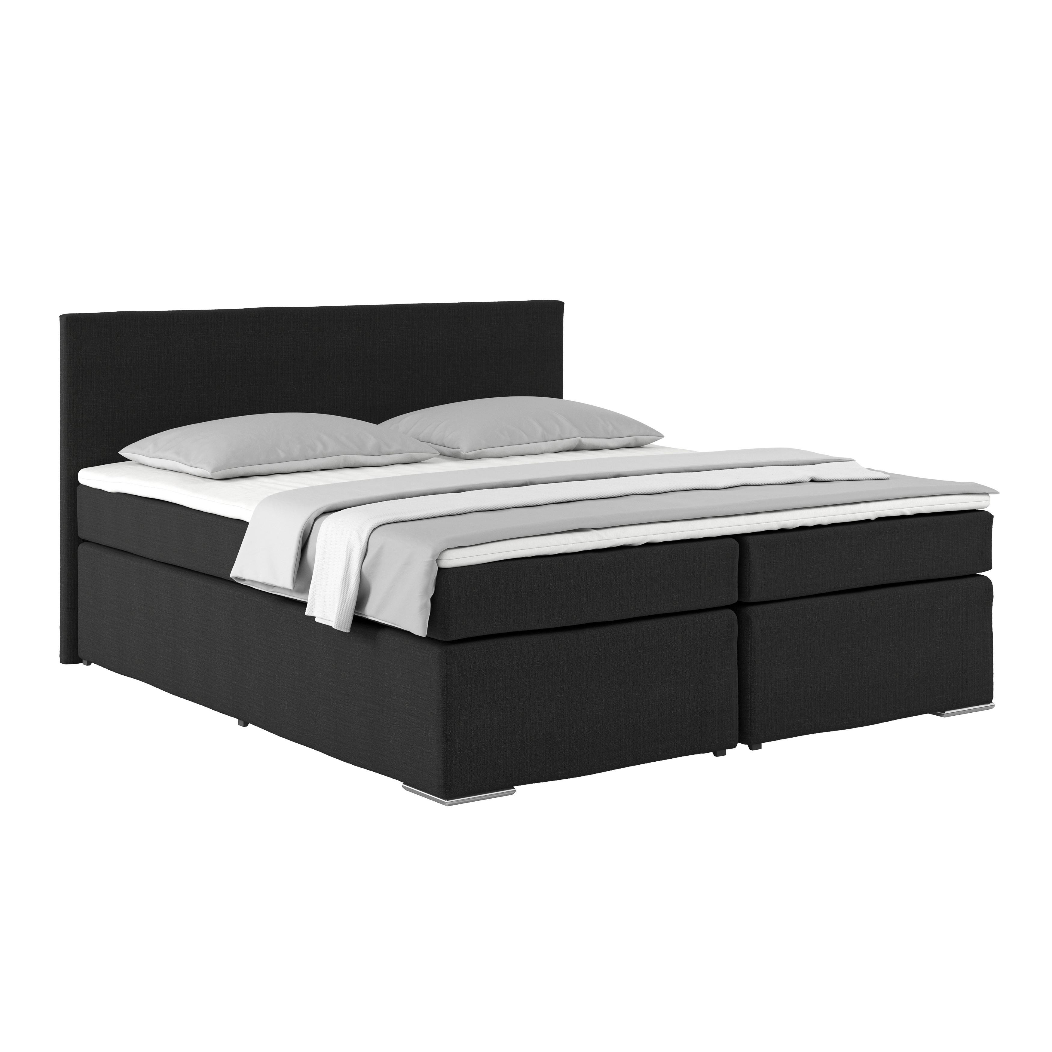 Boxspringbett mit Topper 180x200 Nero, Schwarz - Chromfarben/Schwarz, KONVENTIONELL, Textil (180/200cm)