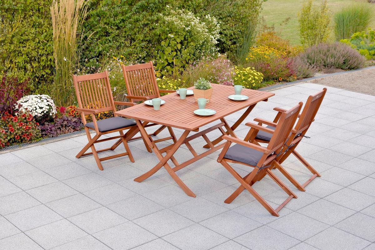 Gartentischgruppe Rio 9 -Teilig. Grau/Naturfarben - Eukalyptusholzfarben/Grau, KONVENTIONELL, Holz/Textil - Gardenson