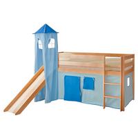 Spielbett Kasper Blau Kiefer Massiv 90 Cm Turm Rutsche - Dunkelblau/Kieferfarben, Natur, Holz (90/200cm) - MID.YOU