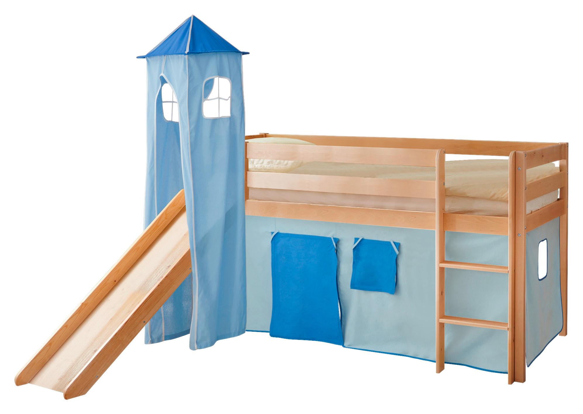 Spielbett Kasper Blau Kiefer Massiv 90 Cm Turm Rutsche