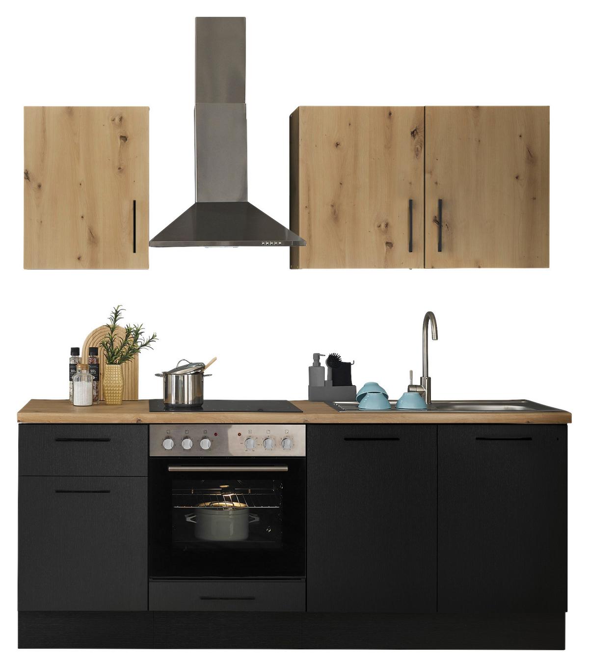 Küchenblock Turin Schwarz/Eiche Dekor B: 210 cm - Schwarz/Eiche Artisan, Basics, Holzwerkstoff (210cm) - MID.YOU