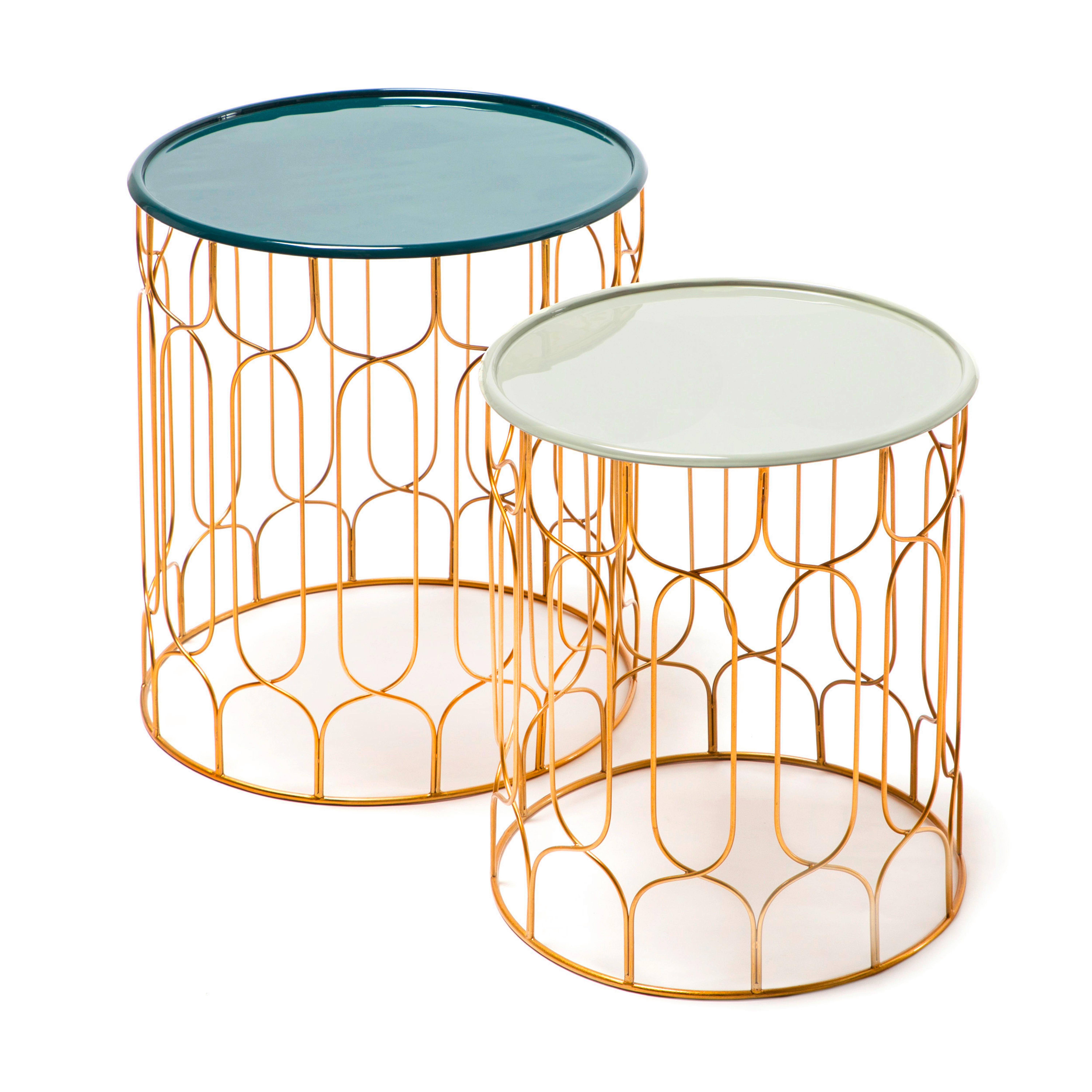 Beistelltisch 2er-Set Rund Timba, Petrol/Hellgrau/Gold - Türkis/Goldfarben, MODERN, Metall (38 / 43/38/43/44 / 49cm) - Kayoom
