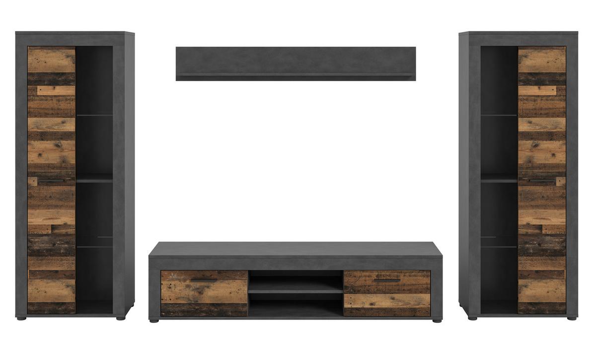 Wohnwand Jam Grau/Naturfarben B: 310 cm - Schwarz/Naturfarben, Design, Glas/Holzwerkstoff (310/159/35cm) - MID.YOU