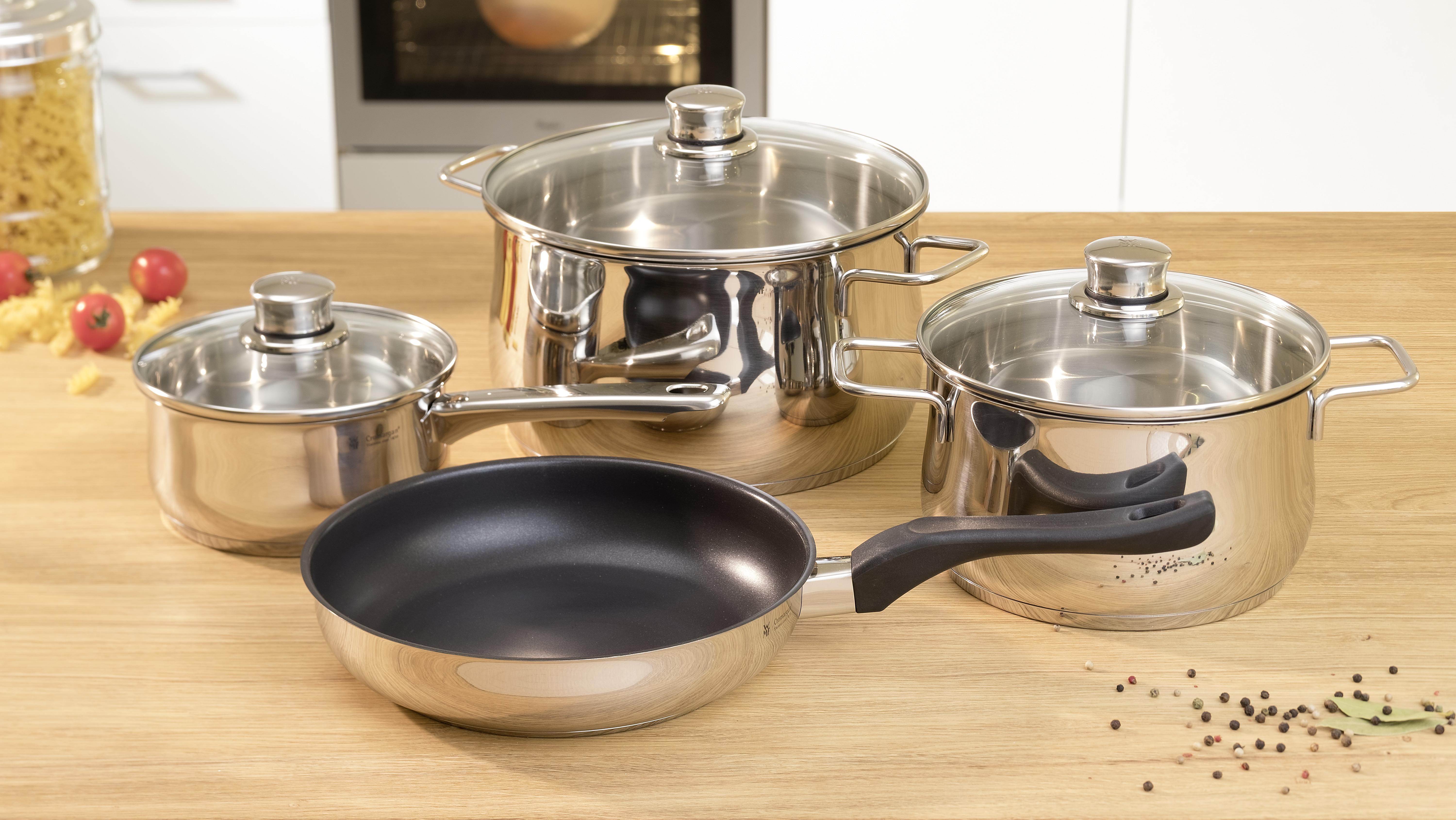WMF Kochtopfset 7-Teilig Edelstahl 3 Deckel 1 Pfanne - Silberfarben, KONVENTIONELL, Glas/Metall - WMF