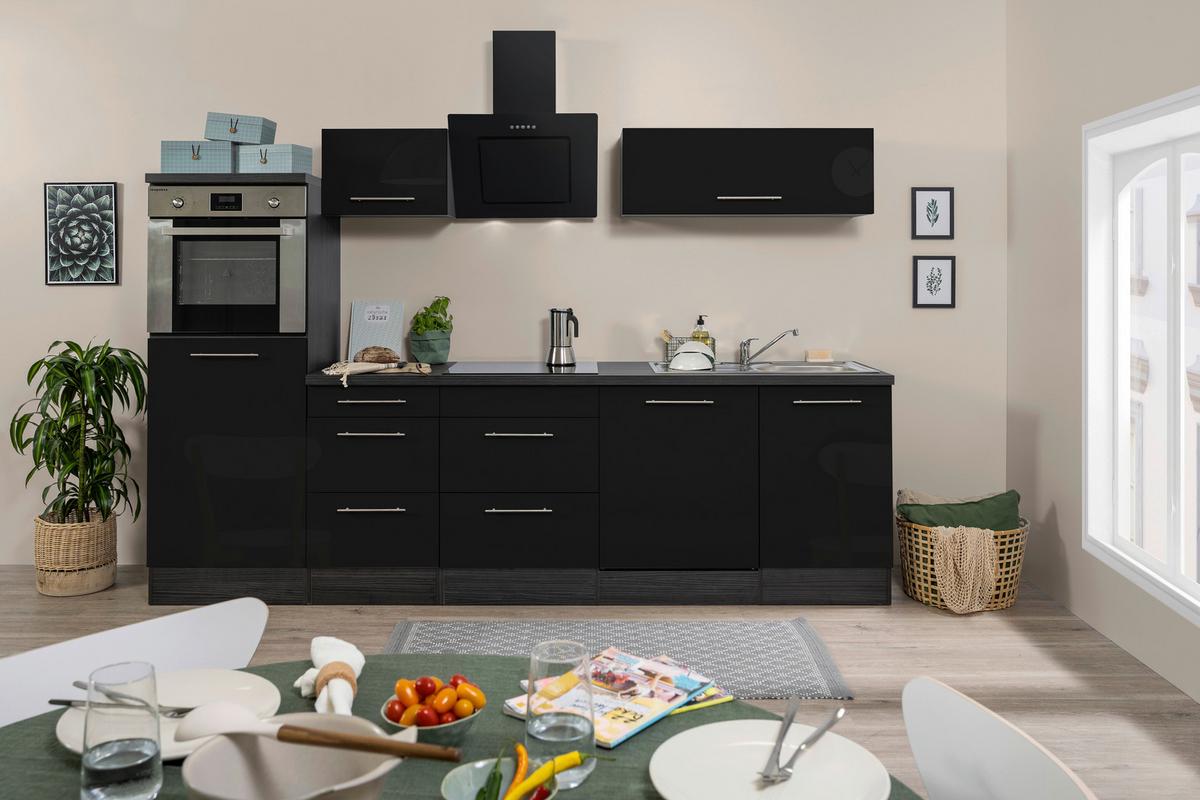 Küchenzeile mit Geräten 280 cm Schwarz Hochglanz/Eiche Grau - Eichefarben/Schwarz, Basics, Holzwerkstoff (280cm) - Respekta