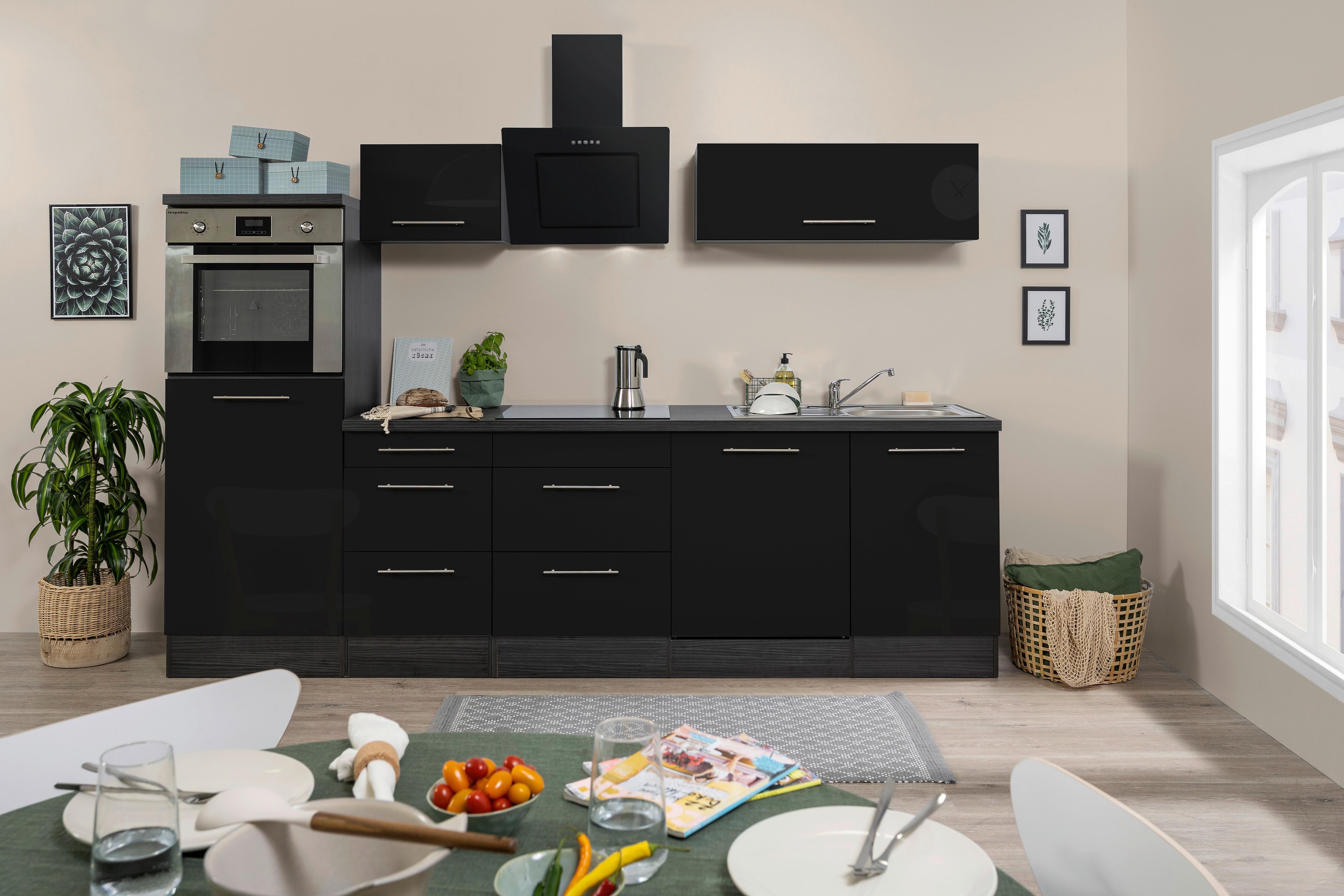 Küchenzeile Mit Geräten 280 Cm Schwarz Hochglanz/eiche Grau