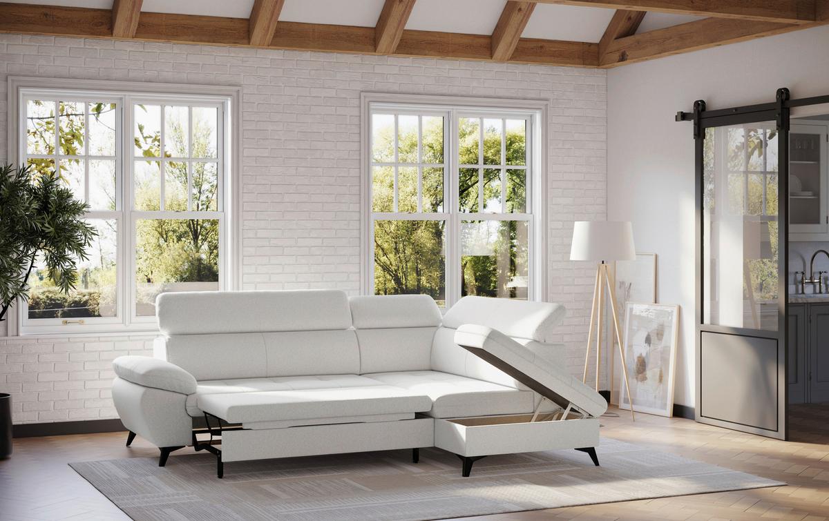 Ecksofa mit Bettfunktion Hudson, Chenille Silberfarben - Silberfarben/Schwarz, KONVENTIONELL, Textil (256/207cm) - Sembella