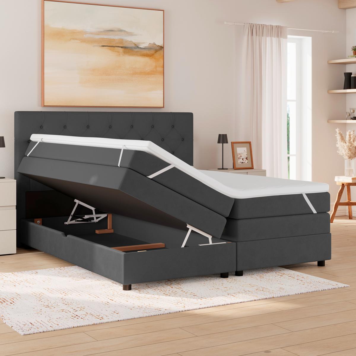 Boxspringbett Elio Graphitfarben 160x200 cm H4 - Schwarz/Graphitfarben, ROMANTIK / LANDHAUS, Textil (164/121/212cm) - James Wood