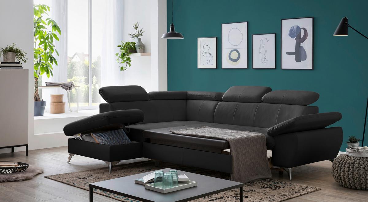 Ecksofa mit Schlaffunktion und Bettkasten Gisele Schwarz - Chromfarben/Schwarz, KONVENTIONELL, Textil (209/256cm) - Livetastic