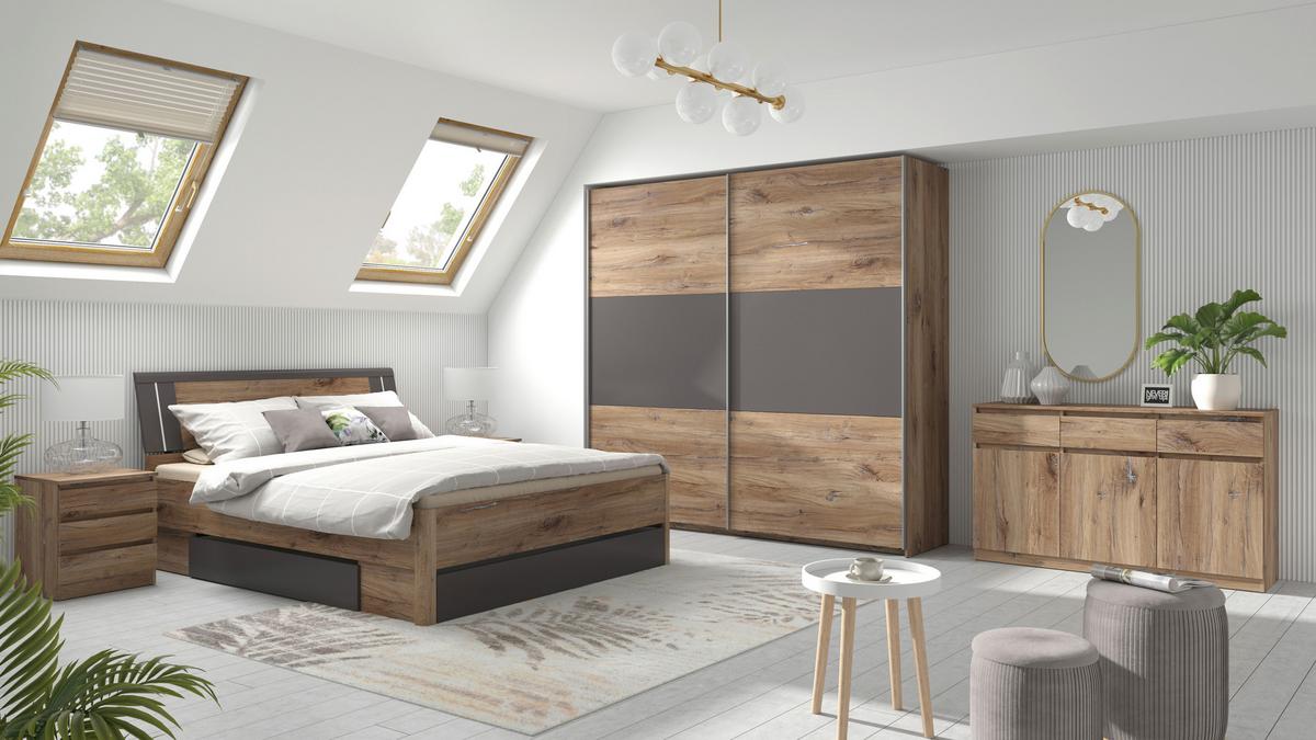 Stauraumbett 180x200 cm Saturn Graphitfarben/Eiche Dekor - Eiche dunkel/Eichefarben, KONVENTIONELL, Holzwerkstoff (180/200cm)