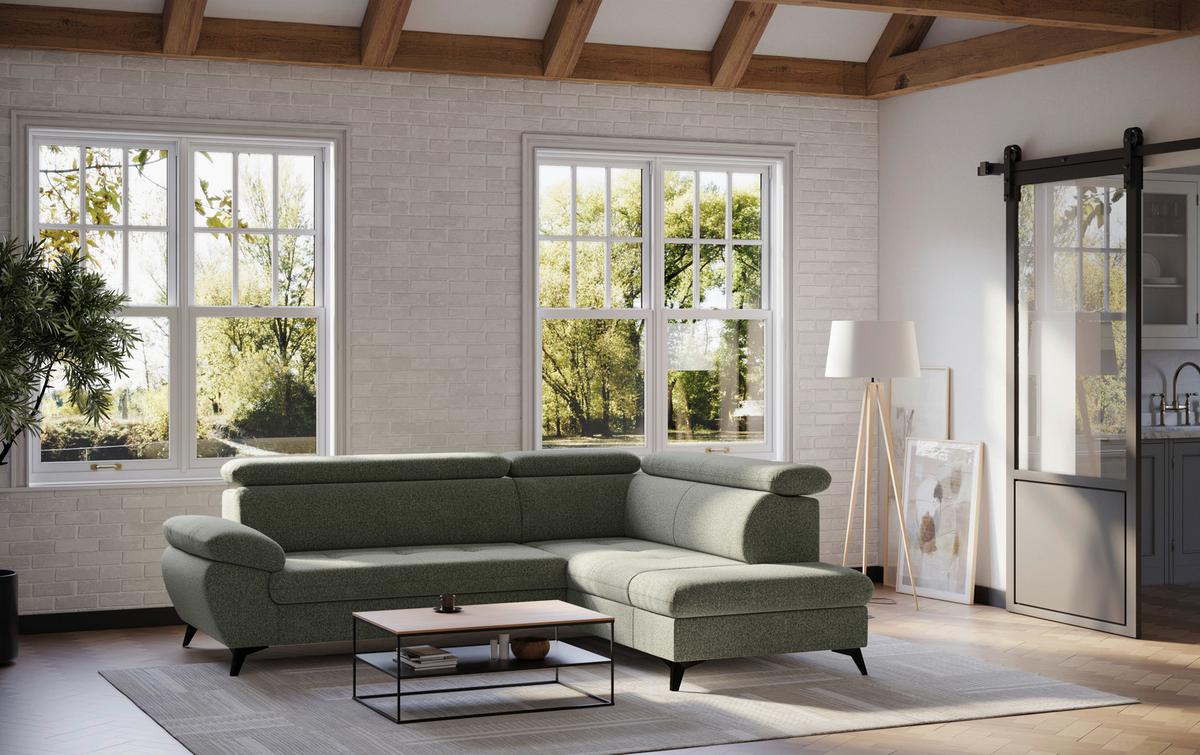 Ecksofa mit Bettfunktion Hudson, Chenille Dunkelgrün - Dunkelgrün/Schwarz, KONVENTIONELL, Textil (256/207cm) - Sembella