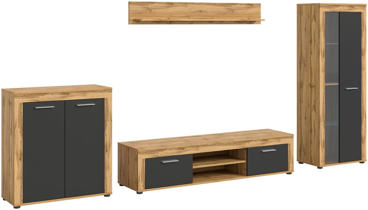 Wohnwand Jam Eiche Dekor, Anthrazit 4-Teilig B: 330 Cm - Anthrazit/Eiche Wotan, Design, Glas/Holzwerkstoff (330/159/35cm) - MID.YOU