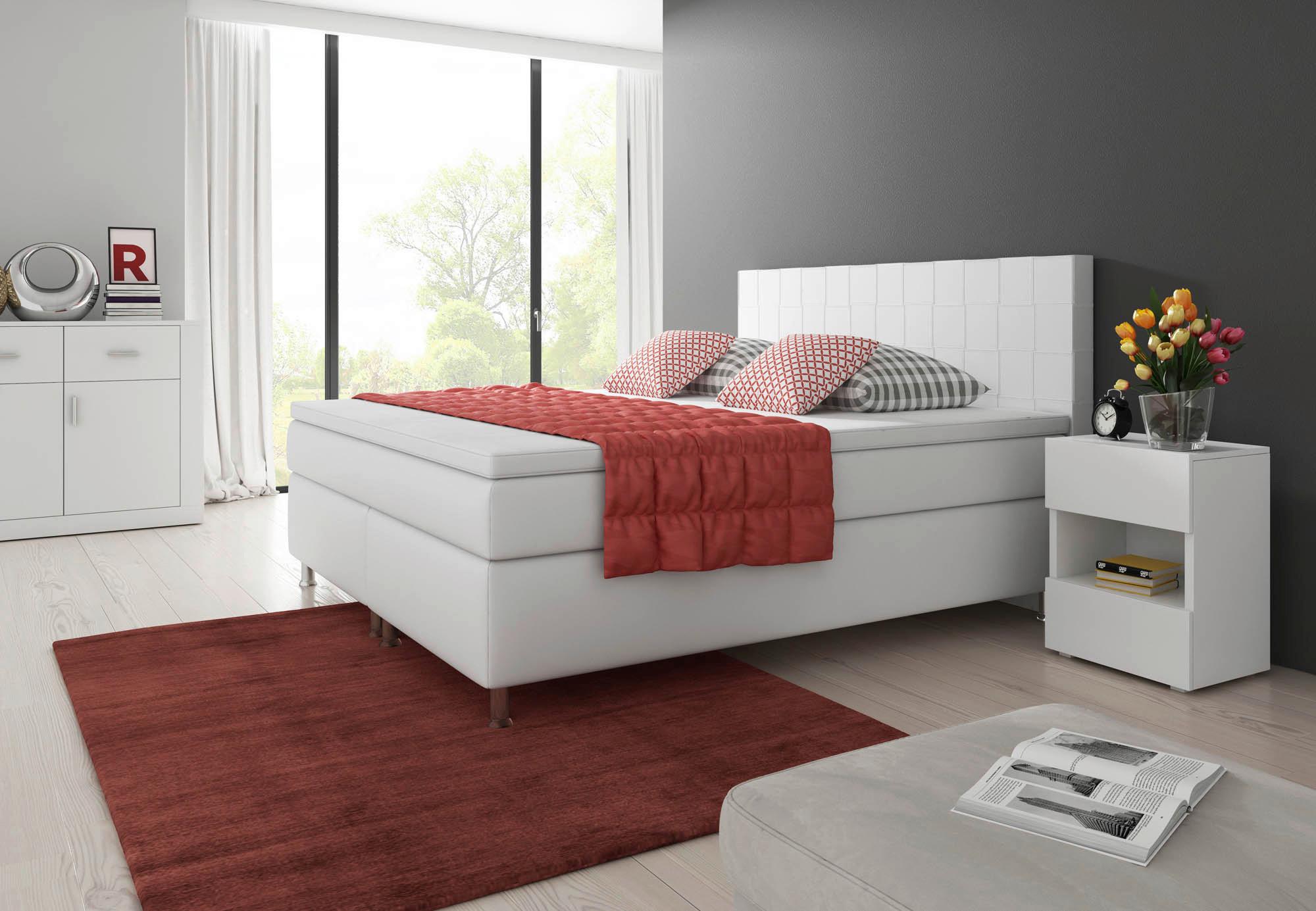 Boxspringbett Mit Topper Lederlook 180x200 Cm Ancona - Silberfarben/Weiß, KONVENTIONELL, Leder/Textil (180/115/210cm) - MID.YOU