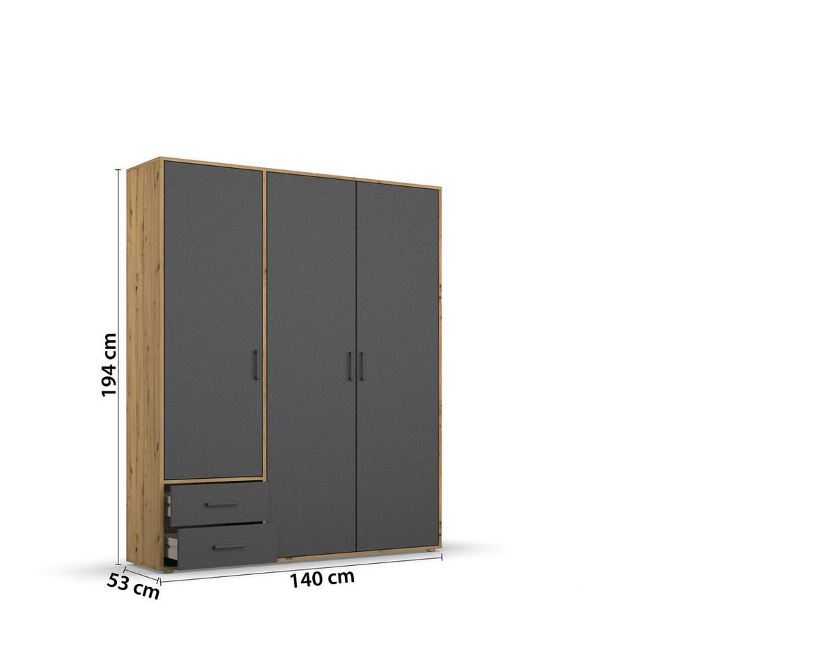 Drehtürenschrank Mit Schubladen 140 Cm Voyager - Eiche Artisan/Grau, MODERN, Holzwerkstoff (140/194/53cm) - Rauch Möbel