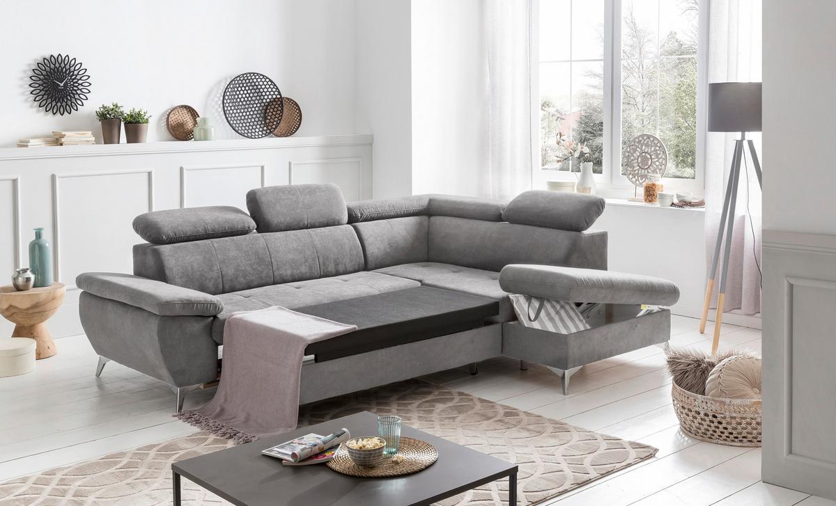Ecksofa Mit Schlaffunktion Gisele Und Bettkasten Grau - Chromfarben/Grau, KONVENTIONELL, Textil (256/209cm) - Livetastic
