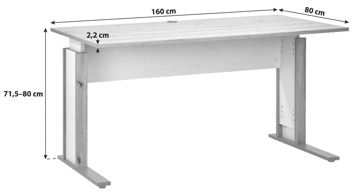 Schreibtisch mit Kabeldurchlass B:160cm H:71,5-80cm Kontor K8 - Schwarz/Weiß, MODERN, Holzwerkstoff/Metall (160/71,5/80cm)