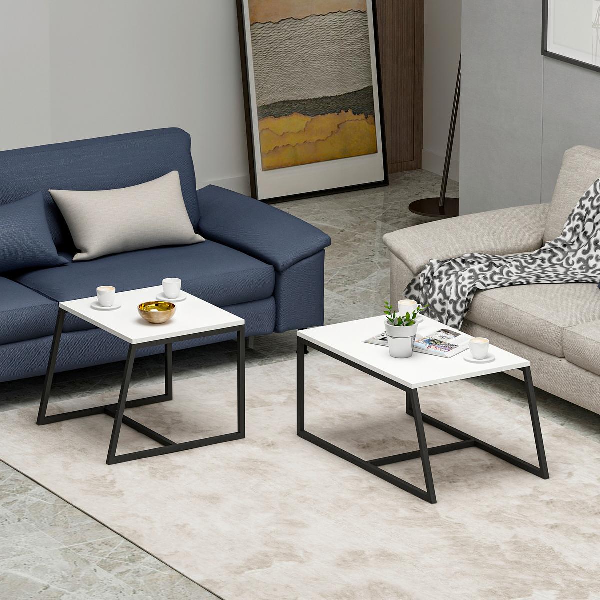 Couchtischset Weiß B: 75-55 Cm - Schwarz/Weiß, Design, Holzwerkstoff/Metall (75-55/38-45/50-47cm) - Livetastic